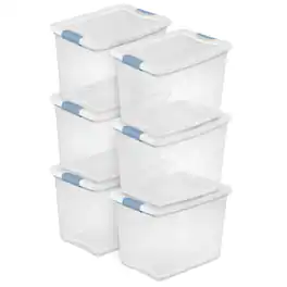 Sterilite - 25 Quart Latching Storage Box, Stackable Bin with Latch Lid, 6 Pack - Clear, Blue