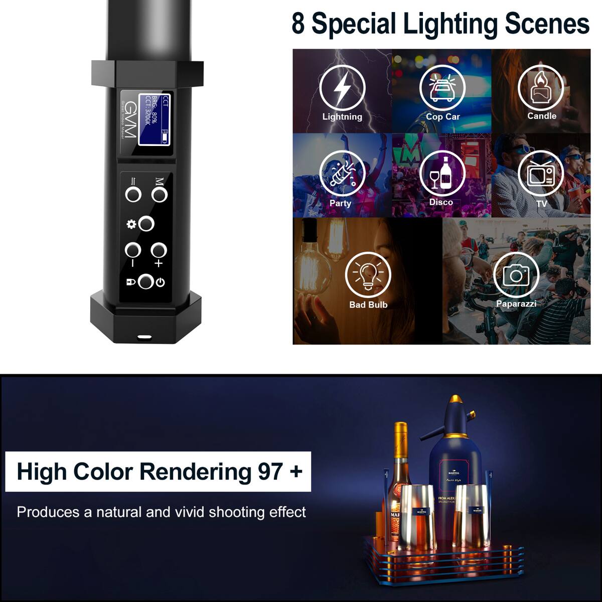 8 Special Lighting Scenes

CT: ODGZ 80% CCT

Lightning Cop Car Candle Party Disco TV b + Bad Bulb Paparazzi

High Color Rendering 97 + Produces a natural and vivid shooting effect