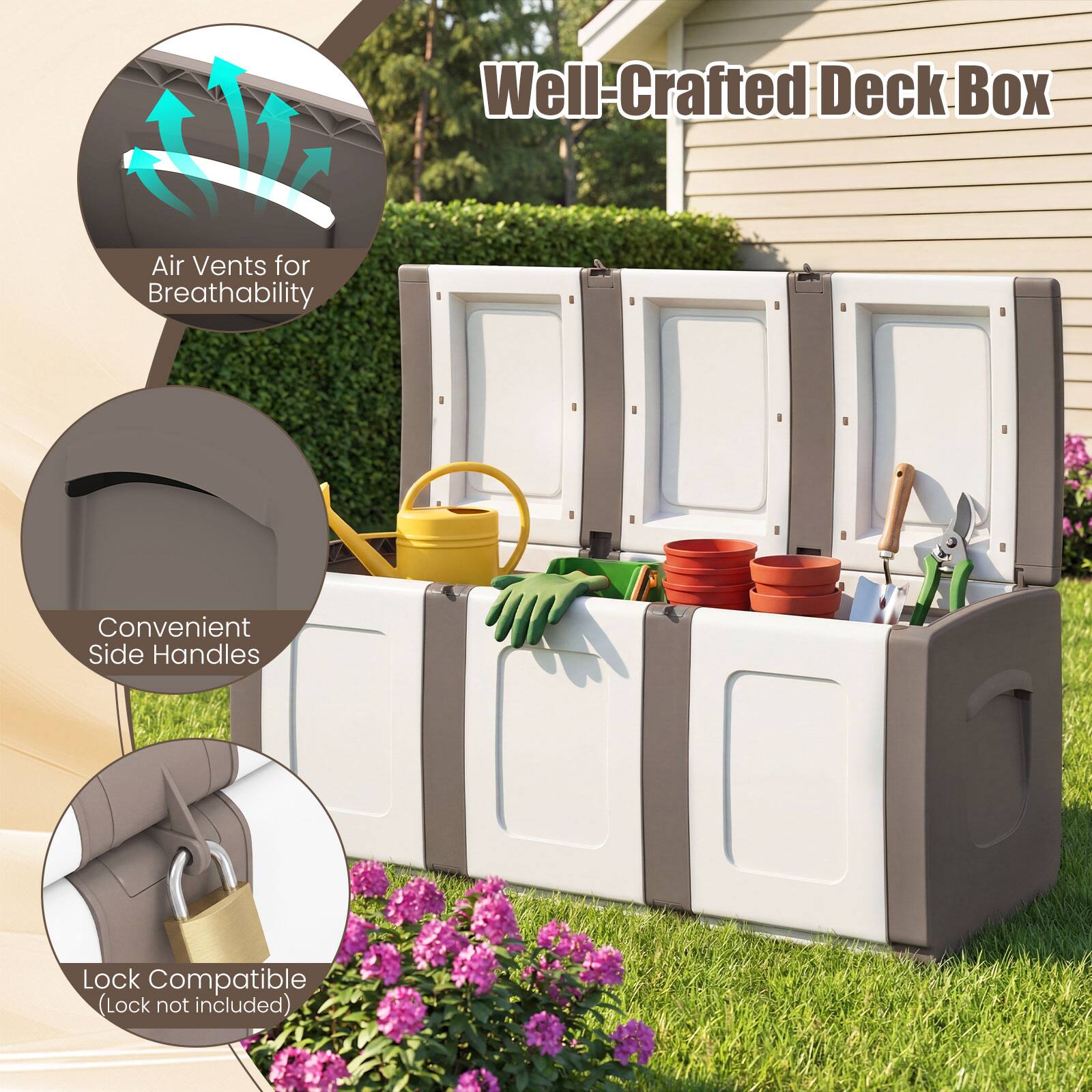 Well-Crafted Deck Box

- Air Vents for Breathability
- Convenient Side Handles
- Lock Compatible (Lock not included)