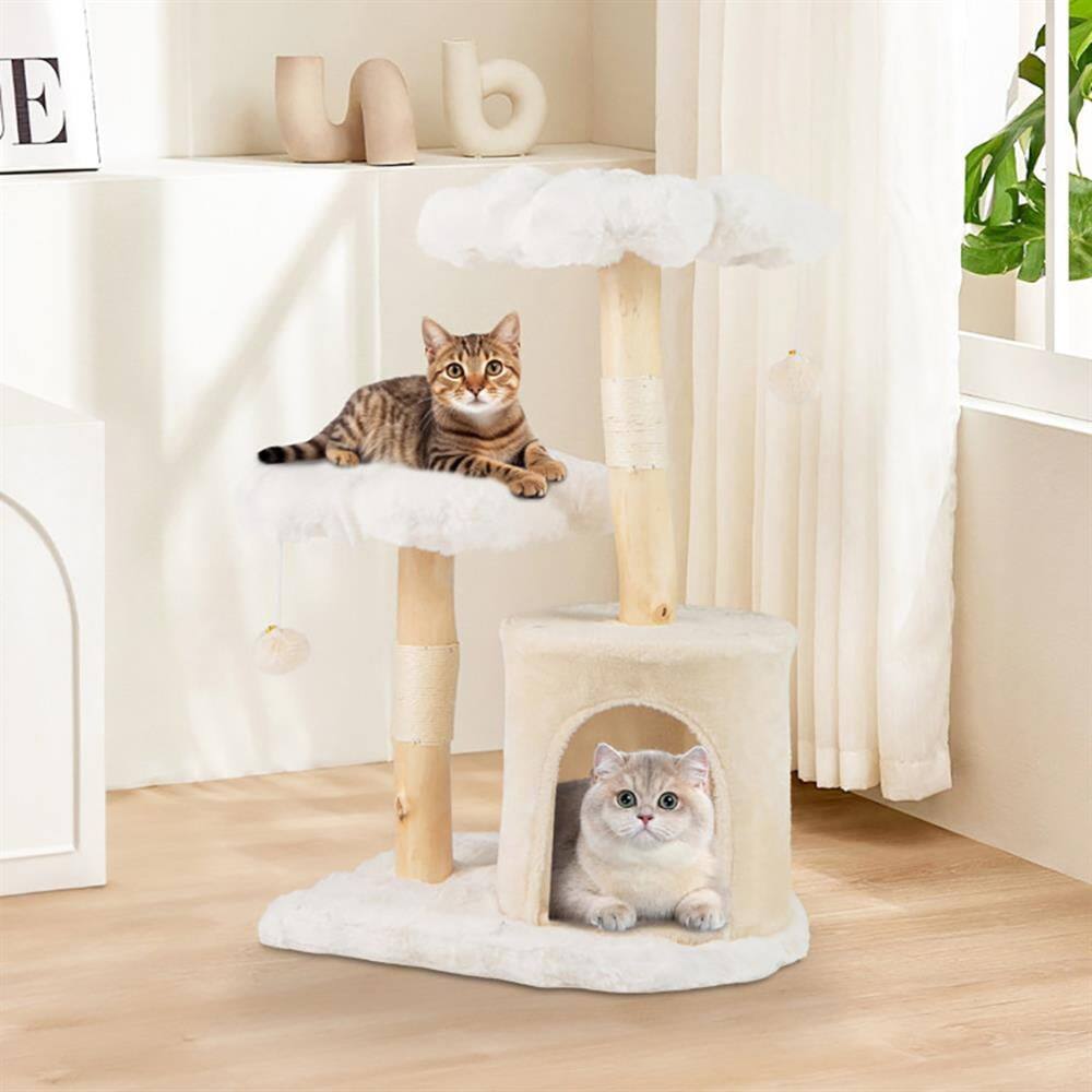 Angle. Kadyn - Cat Scratching Tower, Cute Solid Wood Cat Tree Natural Branch Modern Flower Cat Tower with Sisal Scratching Posts-Beige - Beige.