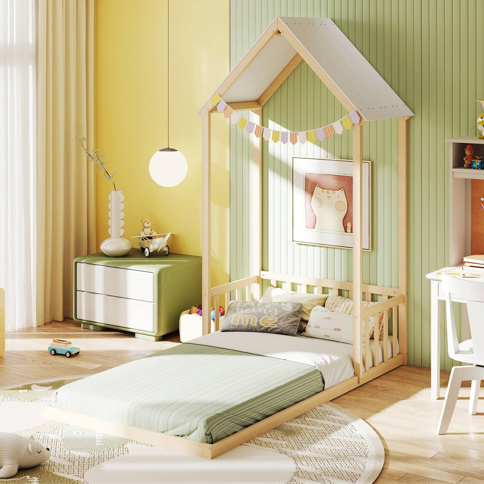 Alt View 4. Costway - Costway Twin Size House Bed Montessori Floor Bed with House Shape Roof & Semi-Fence - Natural.