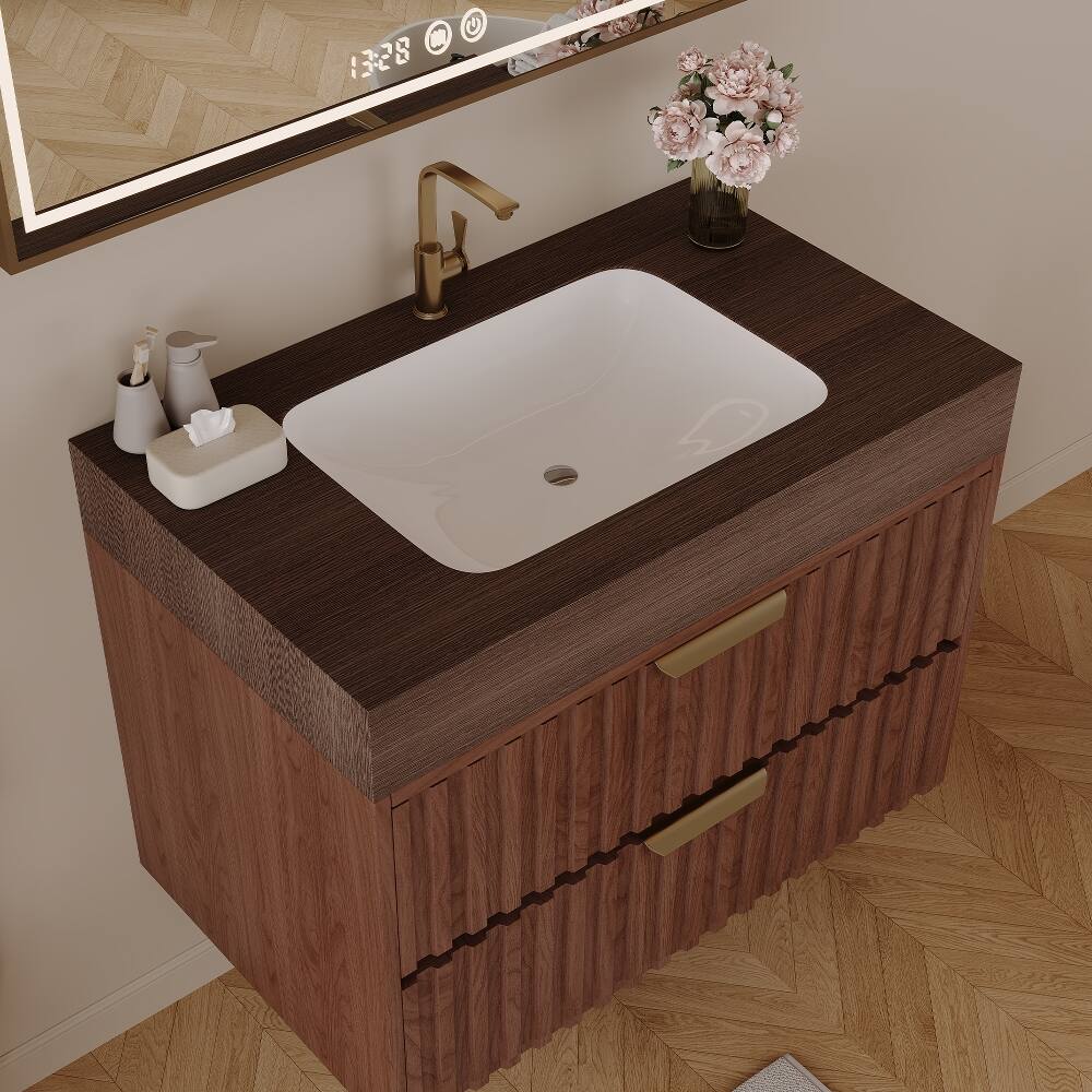 Back. Loheer - Loheer 30 inch floating bathroom vanity Walnut Wall Mounted Vanity with Sintered Stone Top - Walnut.