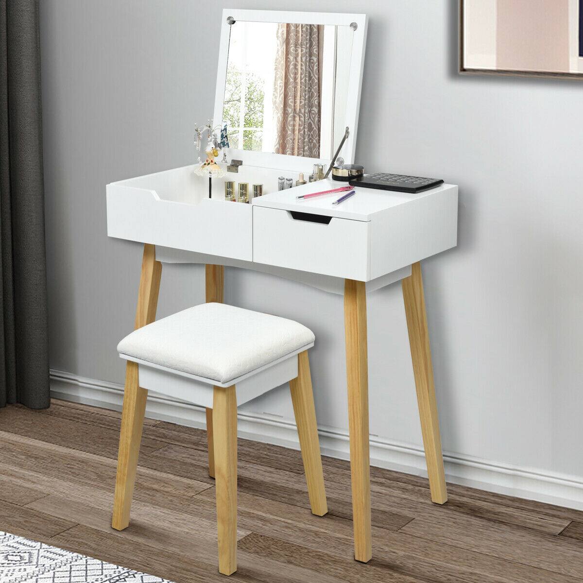 Alt View 7. Costway - Costway Vanity Makeup Table Cushioned Stool Set W/Flip Top Mirror &1 Drawer Writing Desk - White.