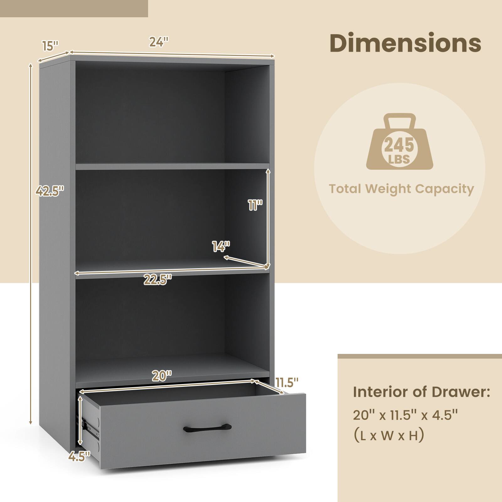 The image shows a gray cabinet with dimensions and weight capacity information. The cabinet is 42.5" tall and has a total weight capacity of 245 lbs. The interior of the drawer is 20" x 11.5" x 4.5" (L x W x H).