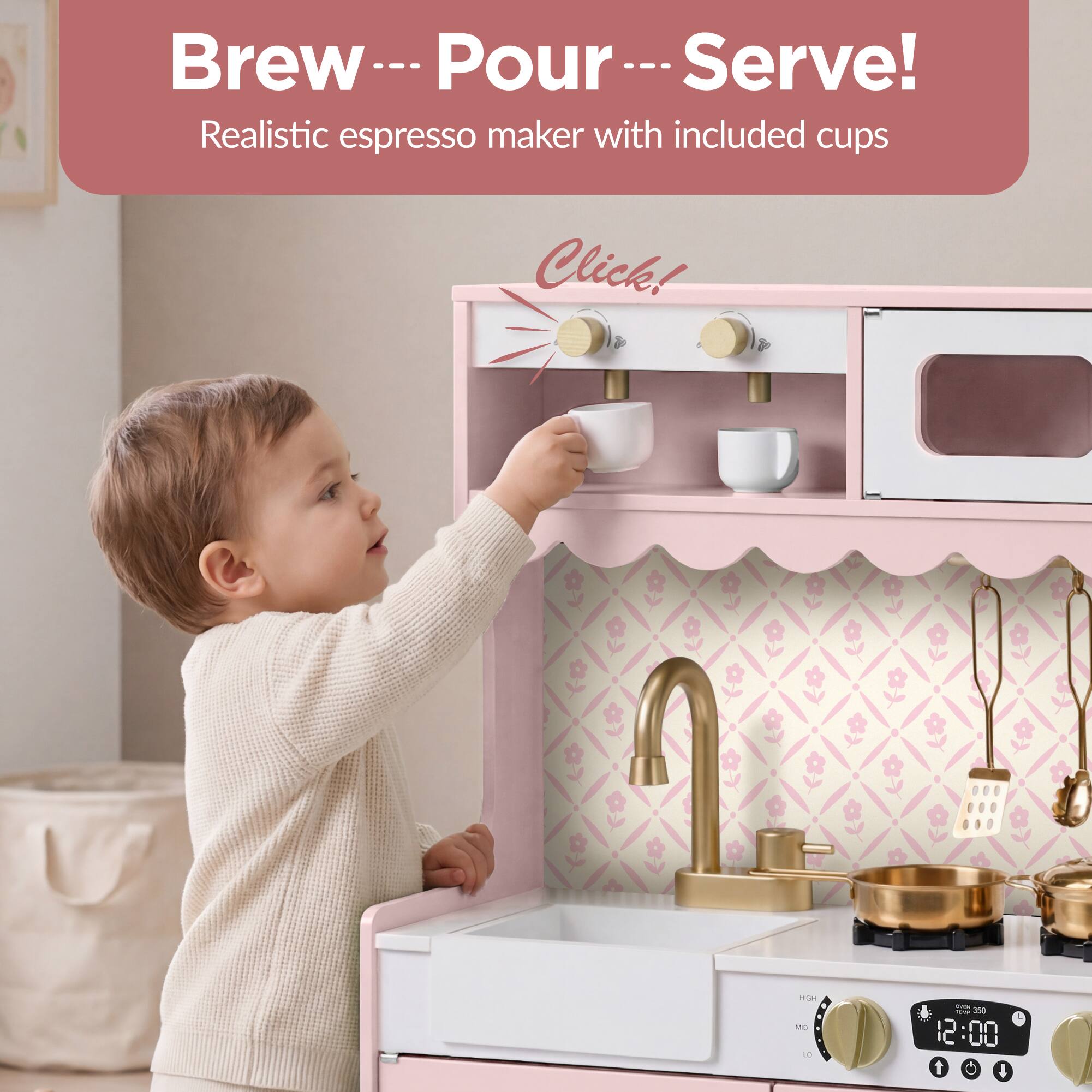 Brew --- Pour --- Serve!  
Realistic espresso maker with included cups  

Click!