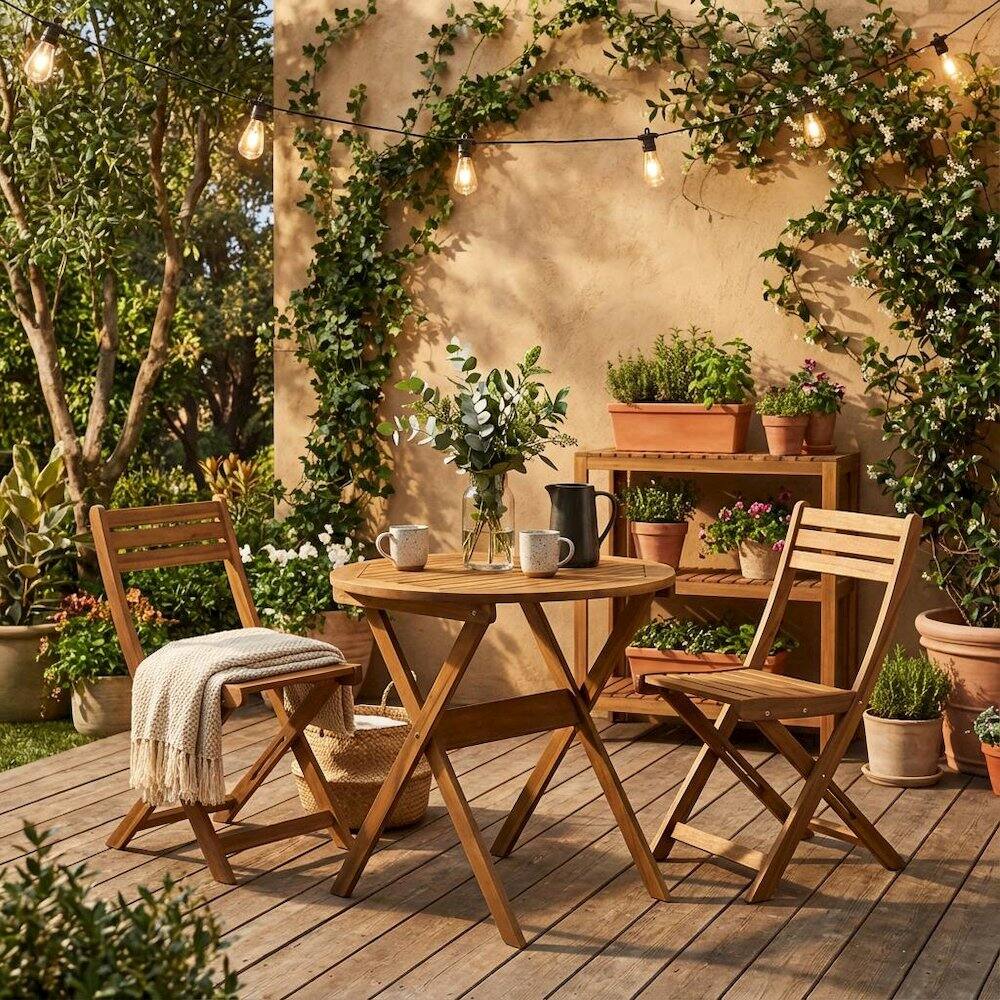 Alt View 3. Outdoor Escape - Oil Finish 3-Piece Outdoor Bistro Set with Round Acacia Coffee Table - Brown.