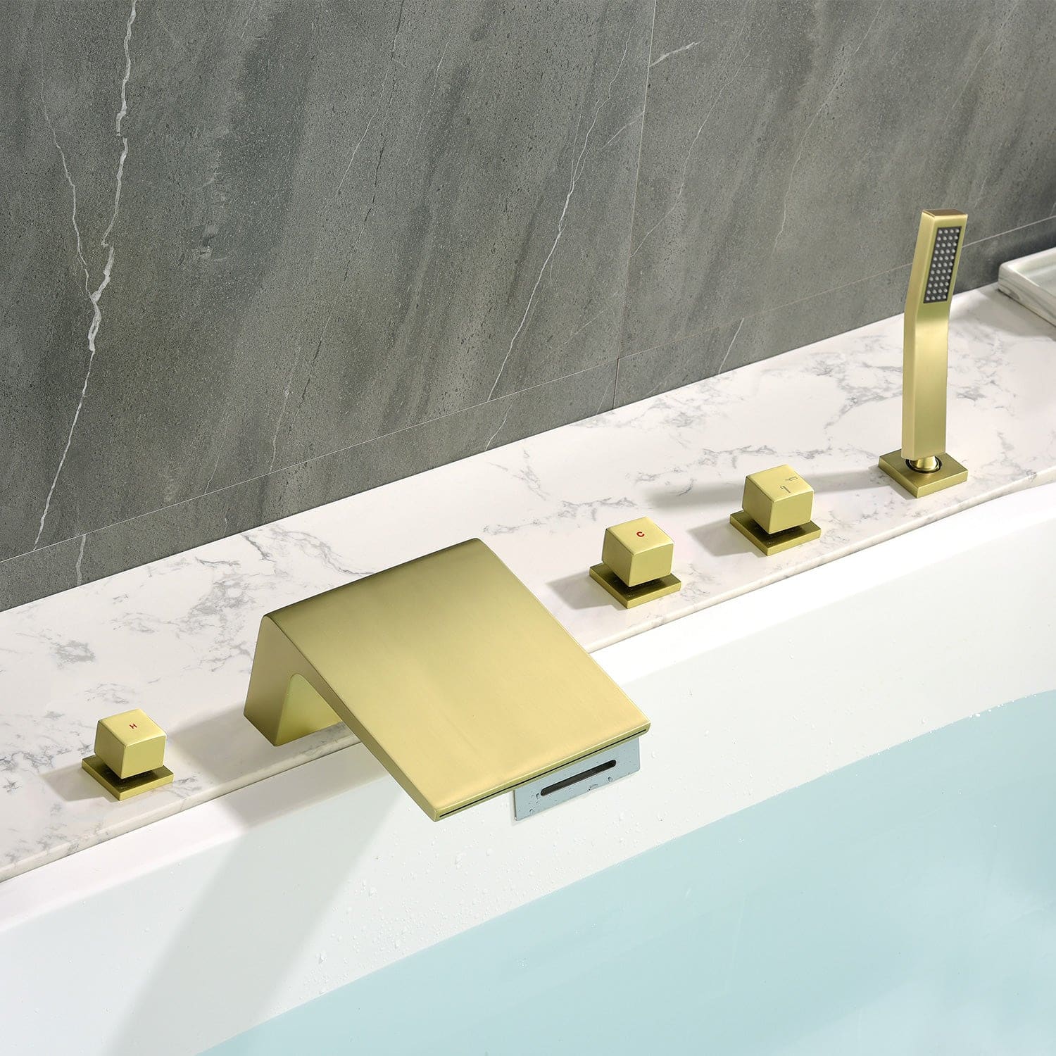 Boyel Living - 7 in.W Sloped Bathtub Hot and Cold Water Faucet with Handheld Shower and Waterfall Outlet 5-Hole - Brushed Gold price history on PriceWatchPro