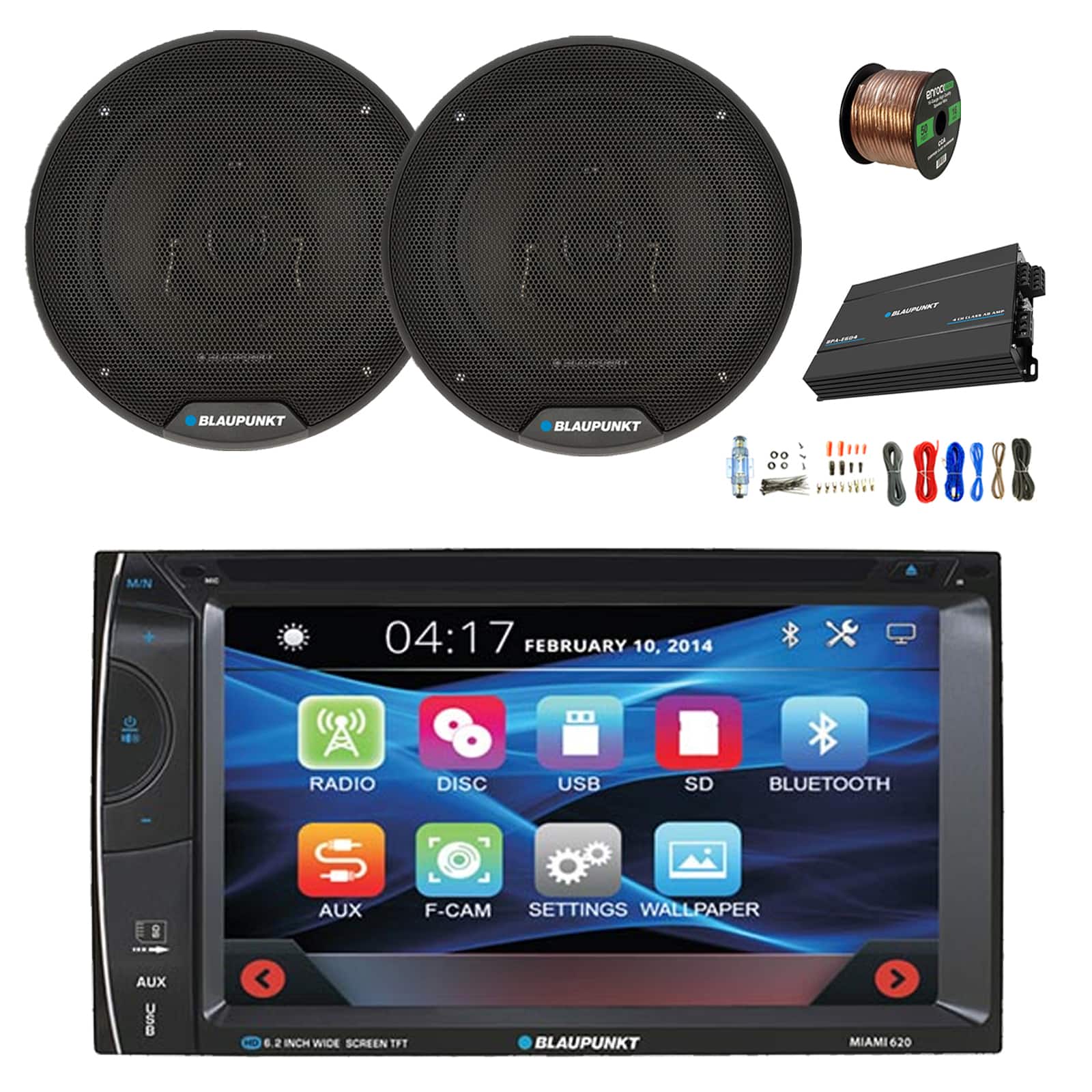 Blaupunkt - MIAMI 620 6.2" Touchscreen Double DIN BT DVD/CD Receiver, Amplifier w/Kit, 2x 6.5" 60W Car Speakers w/ Wire