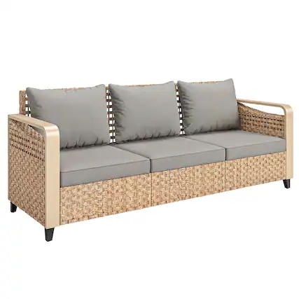 Front. Outsunny - Wicker Sofa 3-Seater Outdoor Patio Sofa with Cushions for Garden Backyard Porch - Gray.
