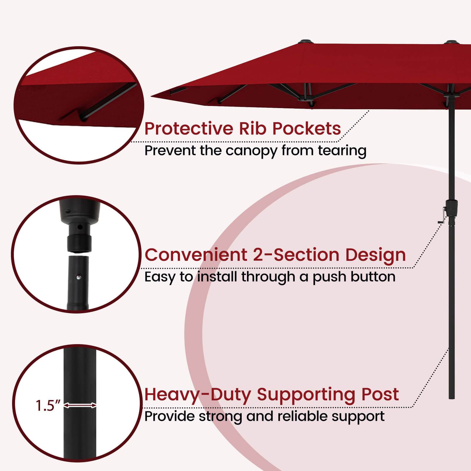 The text on the image is grouped and corrected as follows:

1. Protective Rib Pockets: Prevent the canopy from tearing.
2. Convenient 2-Section Design: Easy to install through a push button.
3. Heavy-Duty Supporting Post: Provide strong and reliable support.