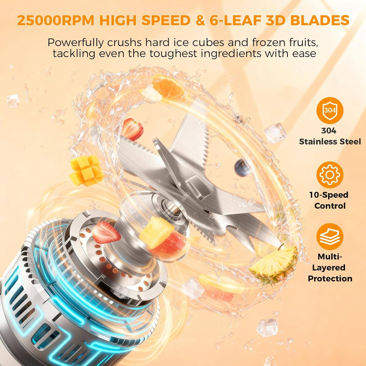 25000RPM HIGH SPEED & 6-LEAF 3D BLADES

Powerfully crushes hard ice cubes and frozen fruits, tackling even the toughest ingredients with ease

304 Stainless Steel

10-Speed Control

Multi-Layered Protection