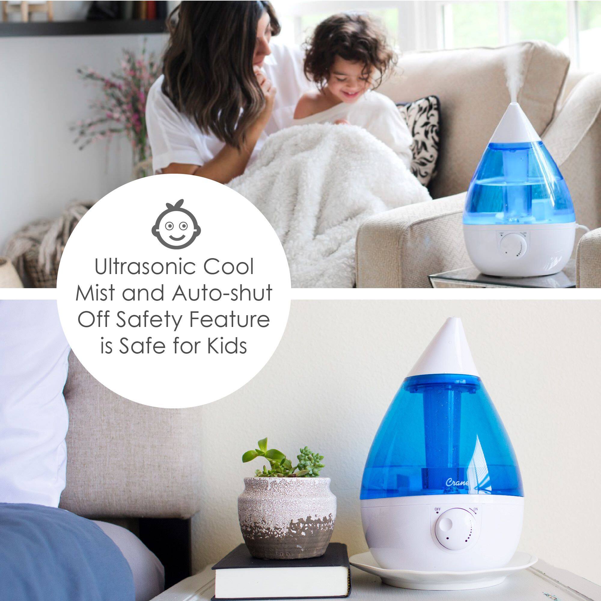 The image features a woman and a child sitting on a couch, with a blue and white cooling device nearby. The device has an auto-shut off safety feature, making it safe for kids to use. In addition to the cooling device, there is a potted plant and a vase in the scene, adding to the cozy atmosphere of the room.
