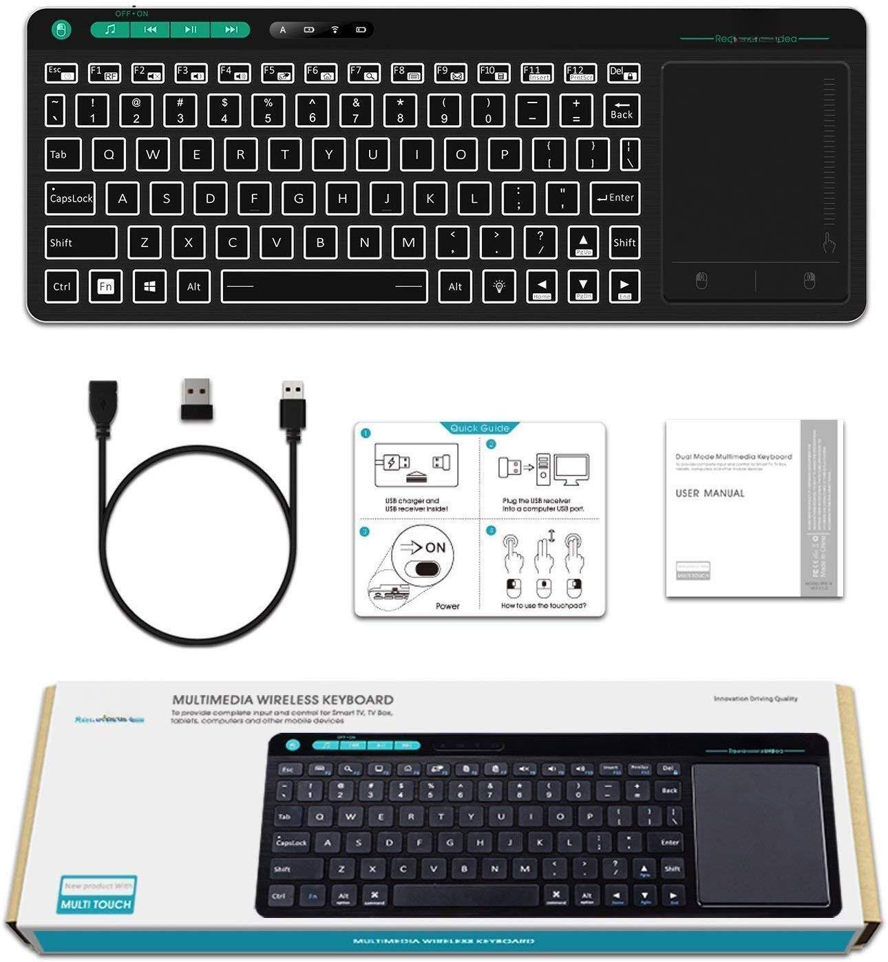 Sure, here is the corrected and grouped text from the image:

---

**MULTIMEDIA WIRELESS KEYBOARD**

To provide complete support for Smart TV, TV Box, tablet, computers and other multimedia devices.

**Quick Guide**

- Plug the USB receiver into the computer's USB port.
- How to use the Touchpad?

**Dual Mode Multimedia Keyboard**

USB charger and power

**USER MANUAL**

**OFF-ON 144 114**

A Recy dea EsC Ci2 2 -10 4 CE O 6 A F8 S0 1 3 BYaU 12 Mntunas Del 2 3 $ 4 % 5 A 6 & 7 * 8 I 9 I O Back Tab Q W E R T Y U I o P I } CapsLock A S D F G H J K L . Enter Shift Z x V N M < > ? ve Shift Ctrl Fn Alt Alt E Quick Guide Dui Mode Multimeddo saybroona USB Choge and -e HRIVE S PLO ~ LGM scaton WES computer UNS pom USER MANUAL ON Power HOw - LE the uhpo MULTIMEDIA WIRELESS KEYBOARD T complete maut
