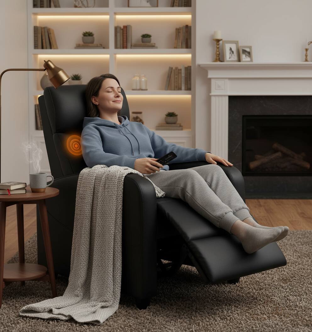 Angle. AOITUN - Massage Recliner Chair with Heat, PU Leather Living Room Sofa, Vibration Heated Seat, Home Theater Armchair, Black - Black.