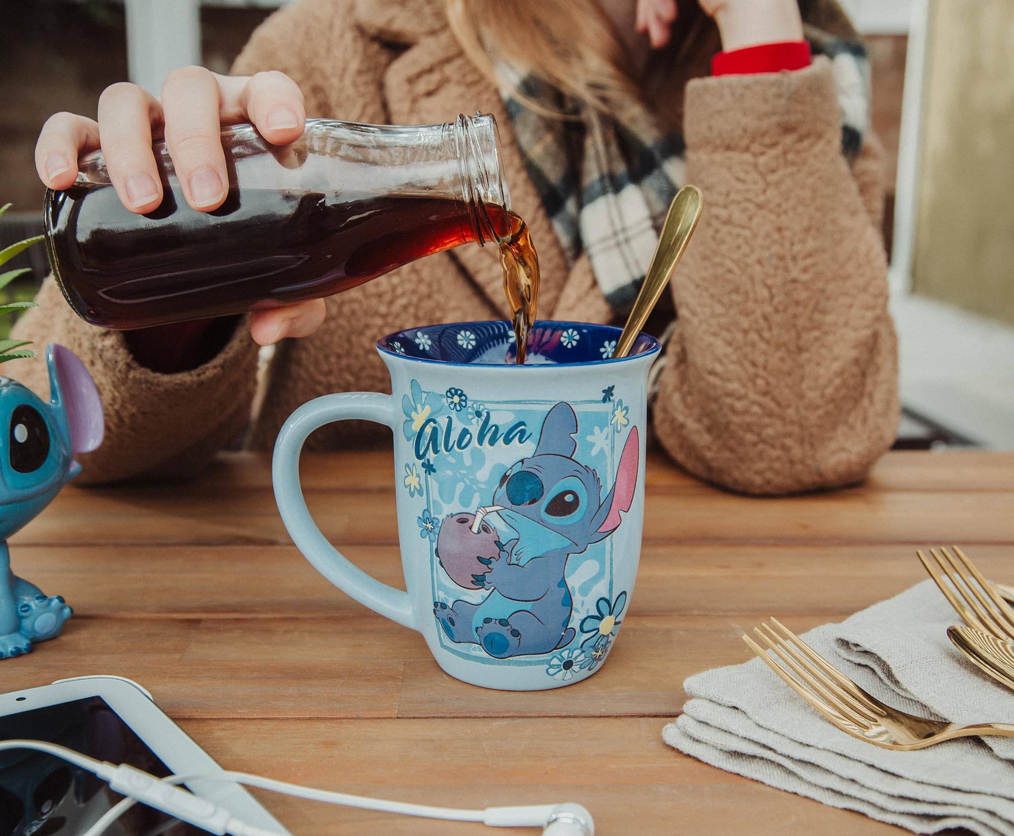 Alt View 4. Silver Buffalo - Disney Lilo & Stitch "Aloha" Wide Rim Ceramic Latte Mug | Holds 16 Ounces - Blue.