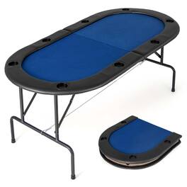 Costway - 8 Players Poker Table with 8 Cup Holders & Comfy Armrests Smooth Felt Surface - Blue