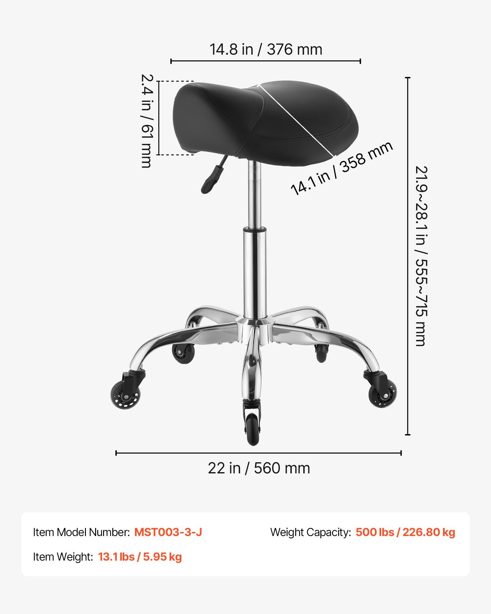 2.4 in / 61 mm  
14.8 in / 376 mm  
14.1 in / 358 mm  
21.9~28.1 in / 555~715 mm  
22 in / 560 mm  

Item Model Number: MST003-3-J  
Weight Capacity: 500 lbs / 226.80 kg  
Item Weight: 13.1 lbs / 5.95 kg