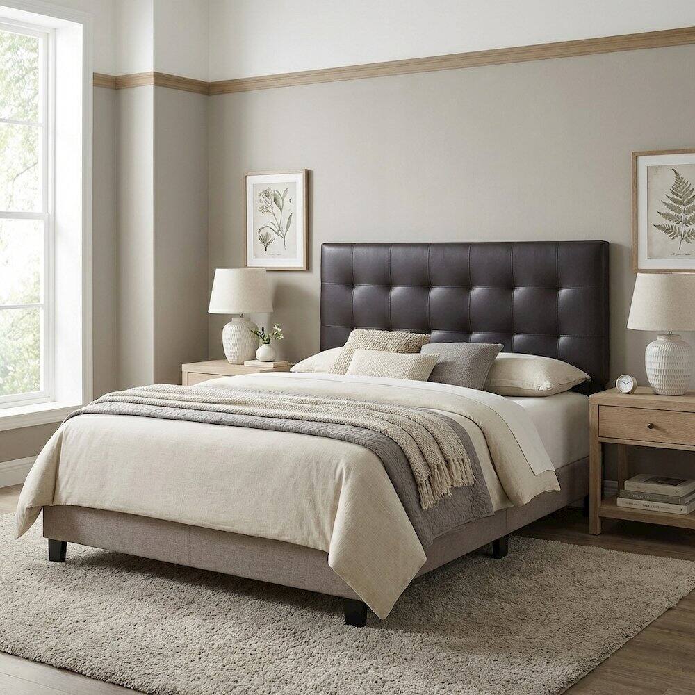 Left. FurniFact - Upholstered Vinyl Queen Headboard with Padded Design and Durable Finish - Brown.