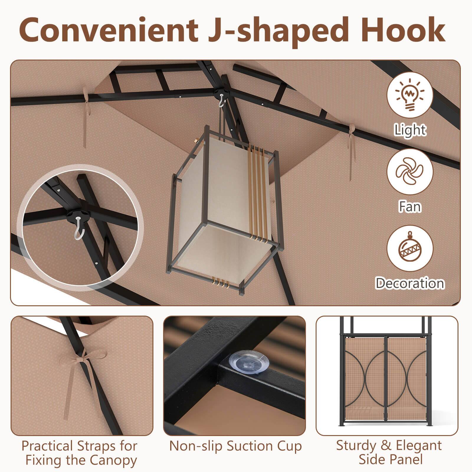 Convenient J-shaped Hook

- Light
- Fan
- Decoration

Practical Straps for Fixing the Canopy

Non-slip Suction Cup

Sturdy & Elegant Side Panel