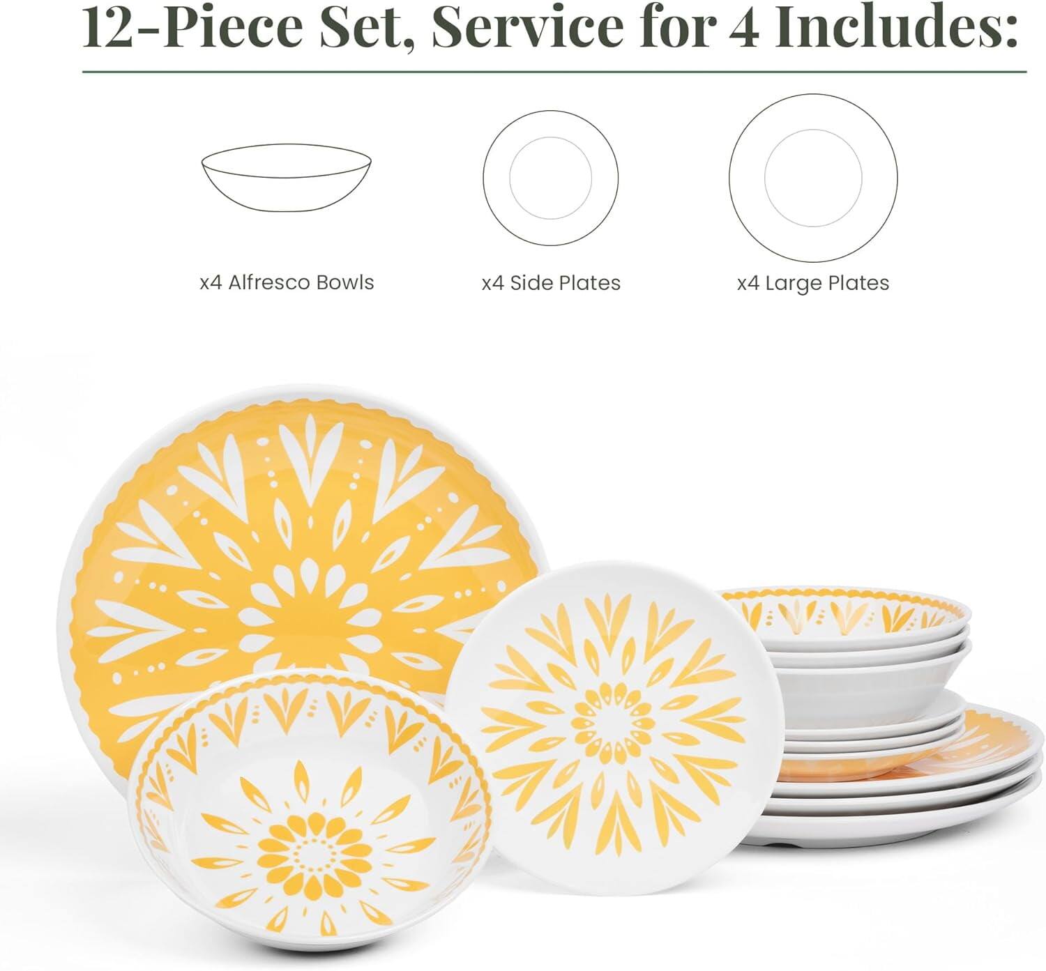 12-Piece Set, Service for 4 Includes:  
x4 Alfresco Bowls  
x4 Side Plates  
x4 Large Plates