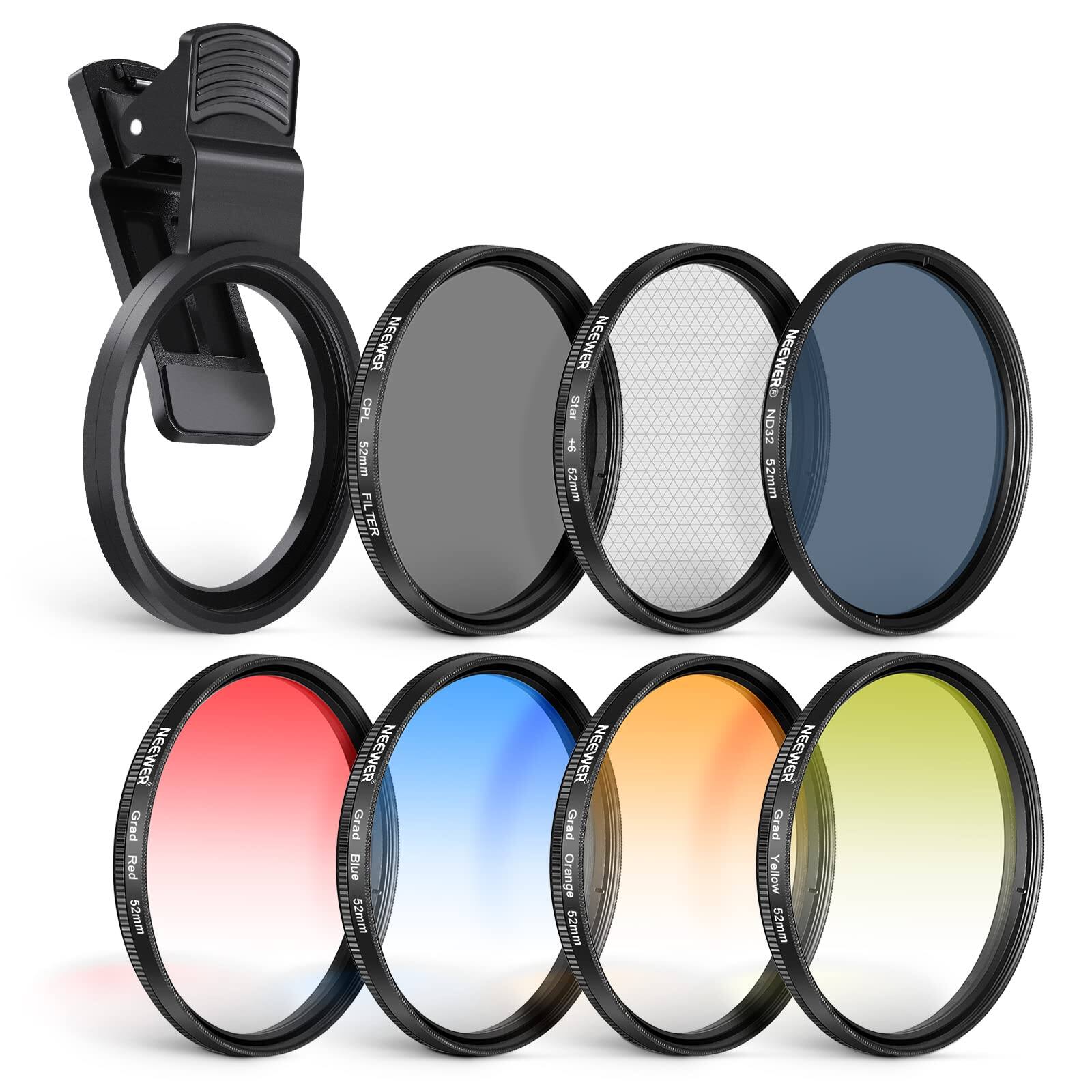 Sure, here is the corrected and grouped text:
- NEEWER CPL 52mm FILTER
- NEEWER Star 52mm
- NEEWER Grad Red 52mm
- NEEWER Grad Blue 52mm
- NEEWER Grad Orange 52mm
- NEEWER Grad Yellow 52mm
