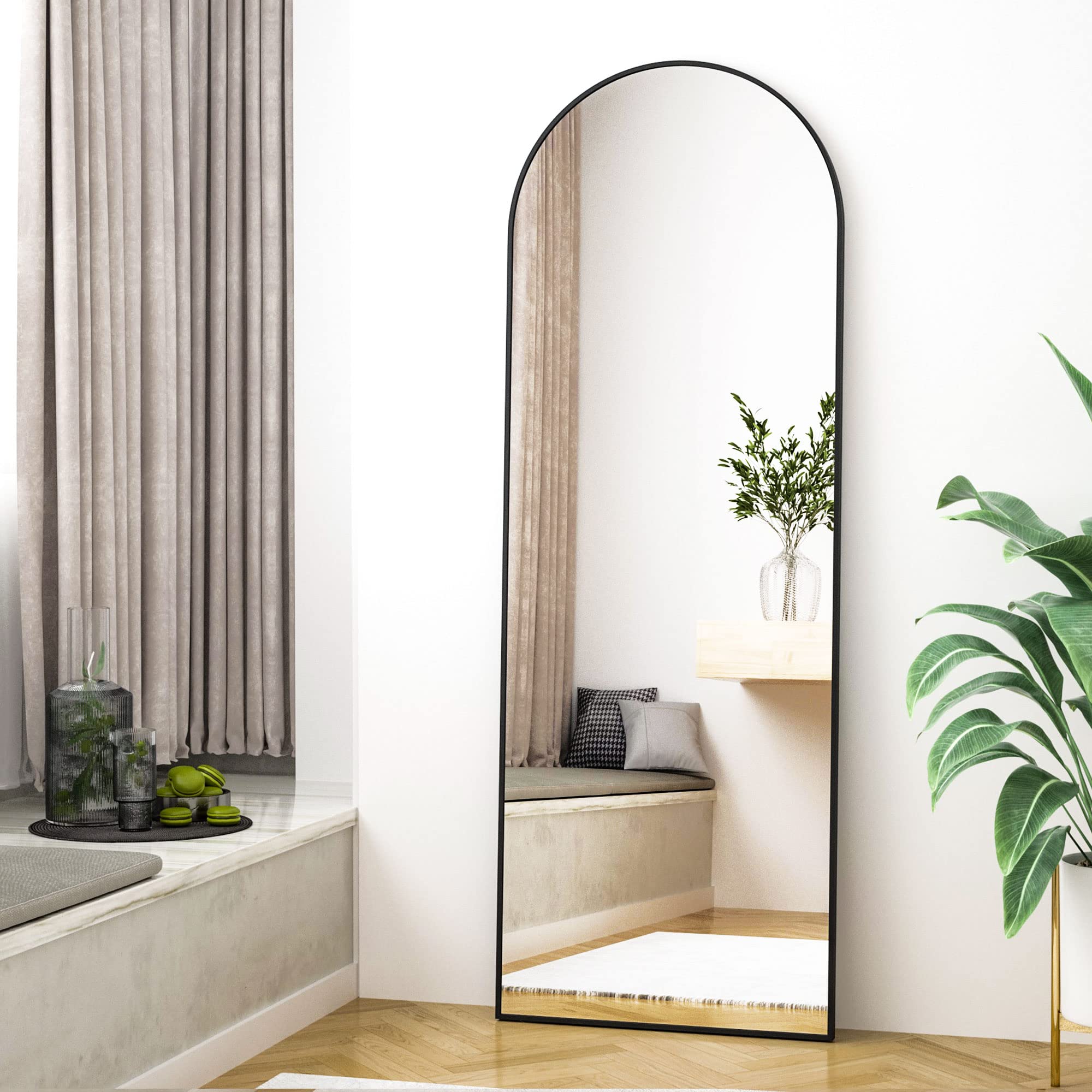 Back. HOMLUX - Arched Full Length Floor Mirror Black Aluminum Frame Free Standing Leaning Wall Mount for Bedroom Entryway.