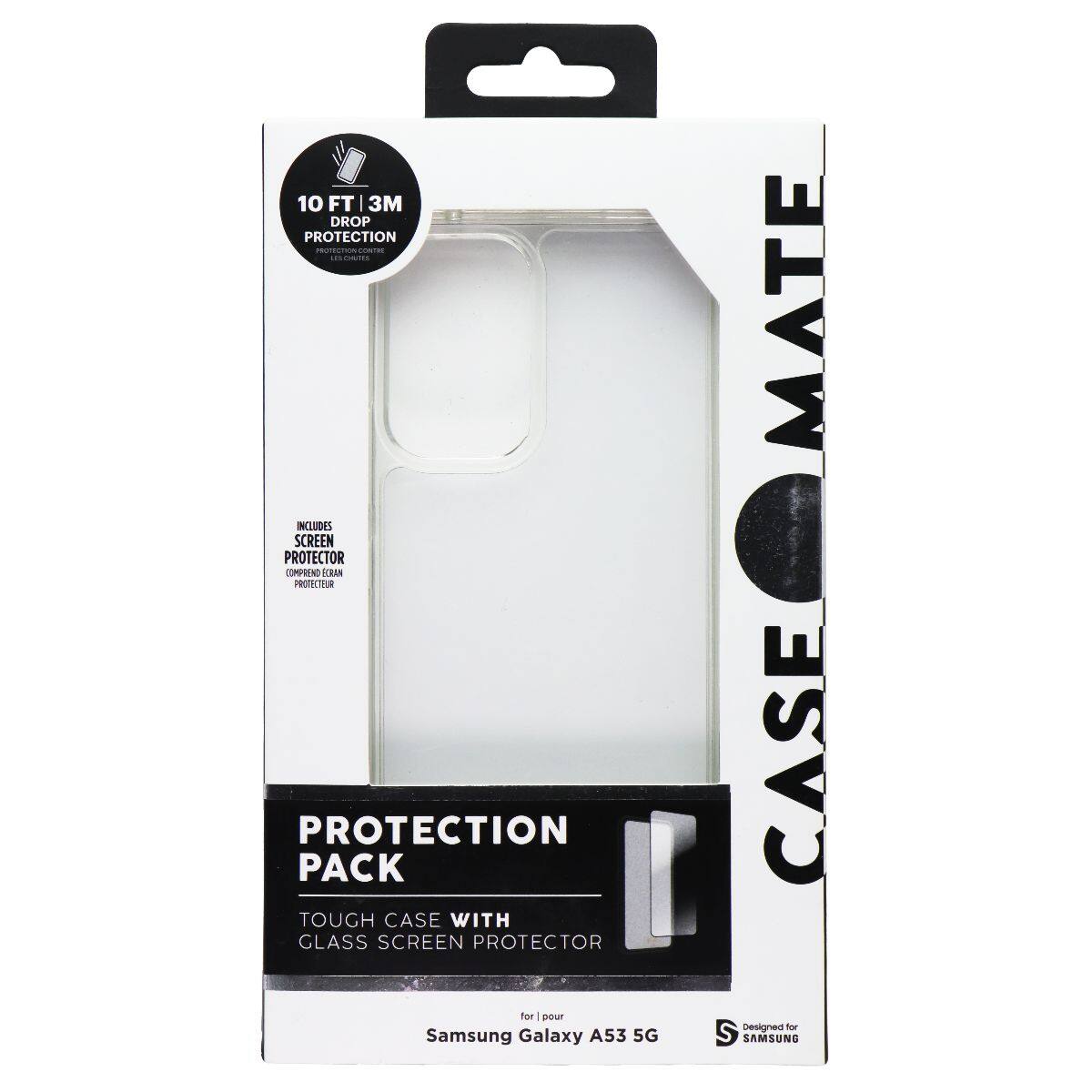 10 FT | 3M DROP PROTECTION  
PROTECTION PACK  
TOUGH CASE WITH GLASS SCREEN PROTECTOR  
for Samsung Galaxy A53 5G  
Designed for SAMSUNG