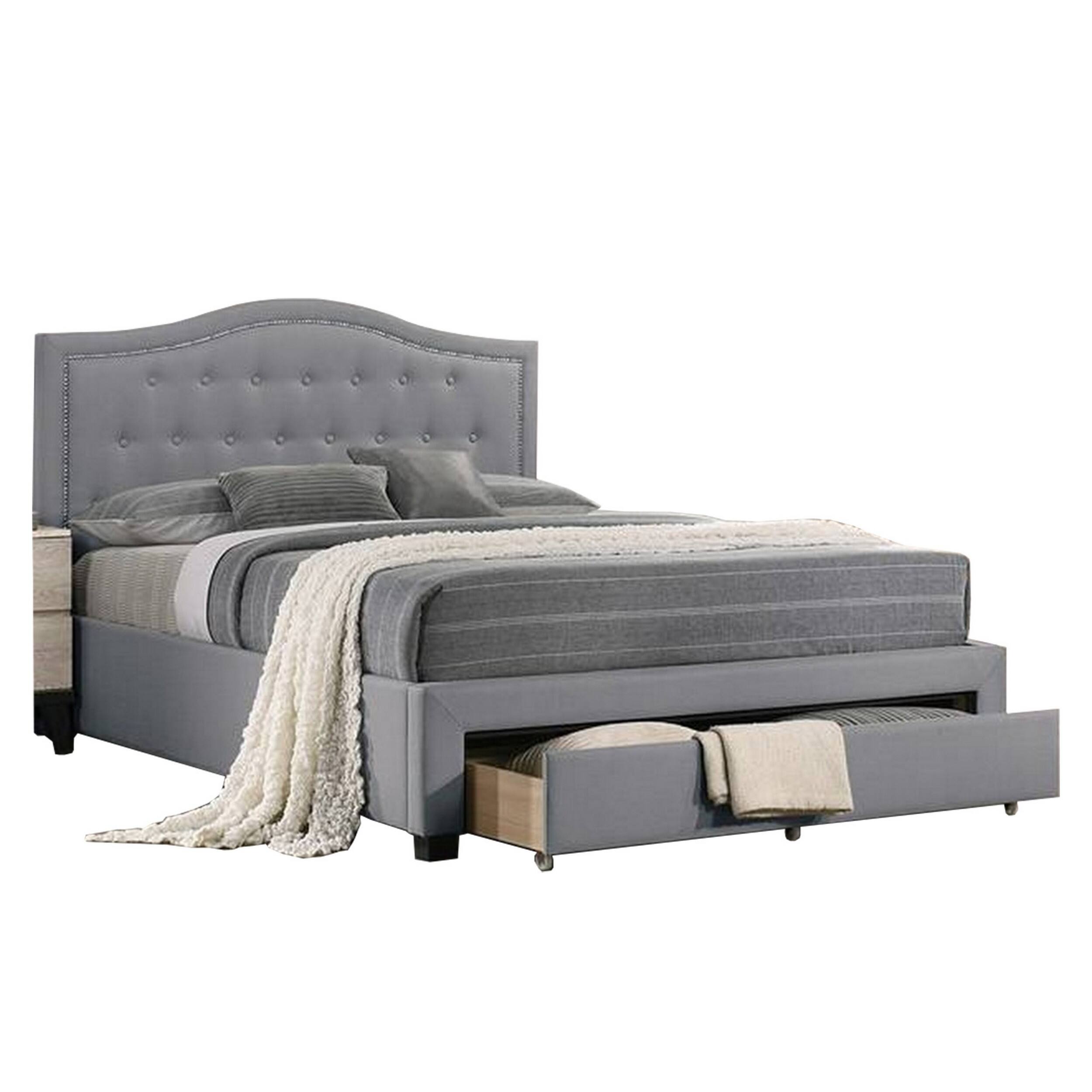 Front. Manhattan Lane - Buk Upholstered Tufted Twin Bed with Storage, Nailhead Trim, Gray Burlap - Gray.