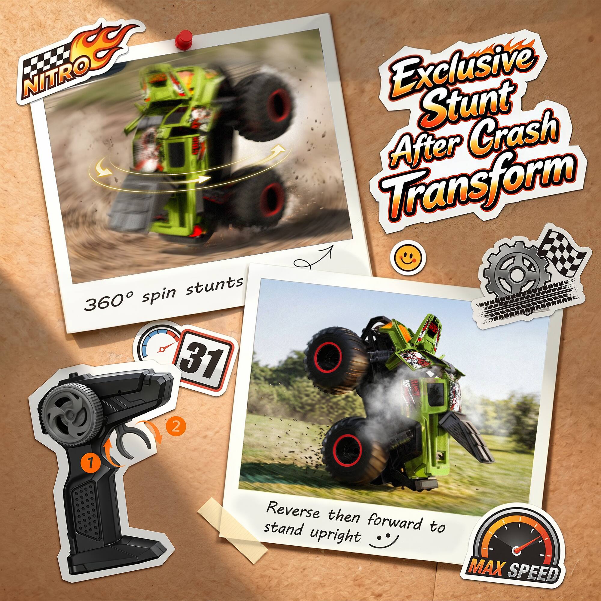 NITRO 360° spin stunts 31 Exclusive Stunt After Transform 2 1 Reverse then stand forward to upright  MAX SPEED