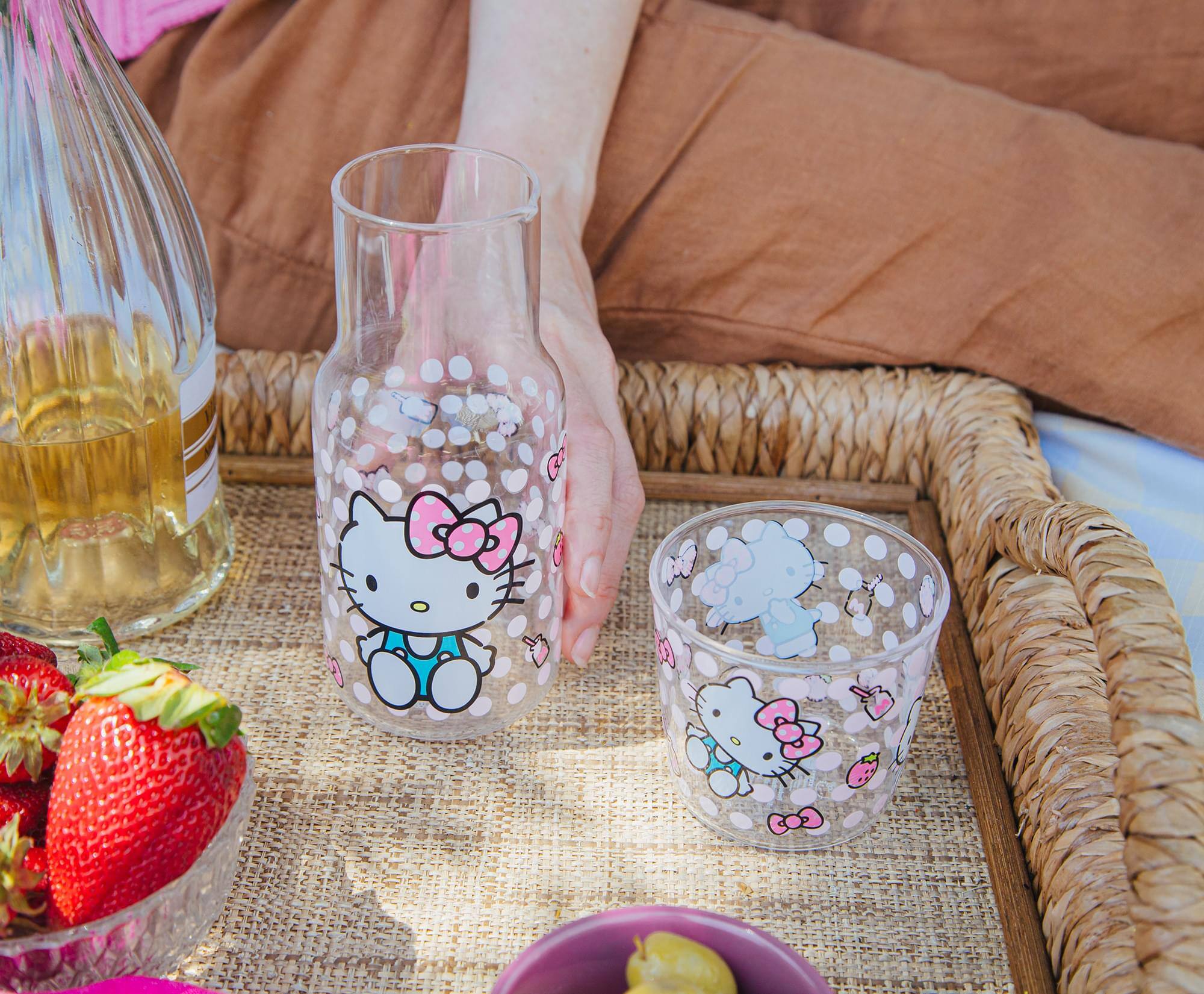 Alt View 4. Silver Buffalo - Sanrio Hello Kitty Pink Dots 18-Ounce Glass Pitcher and 8-Ounce Cup - Clear.