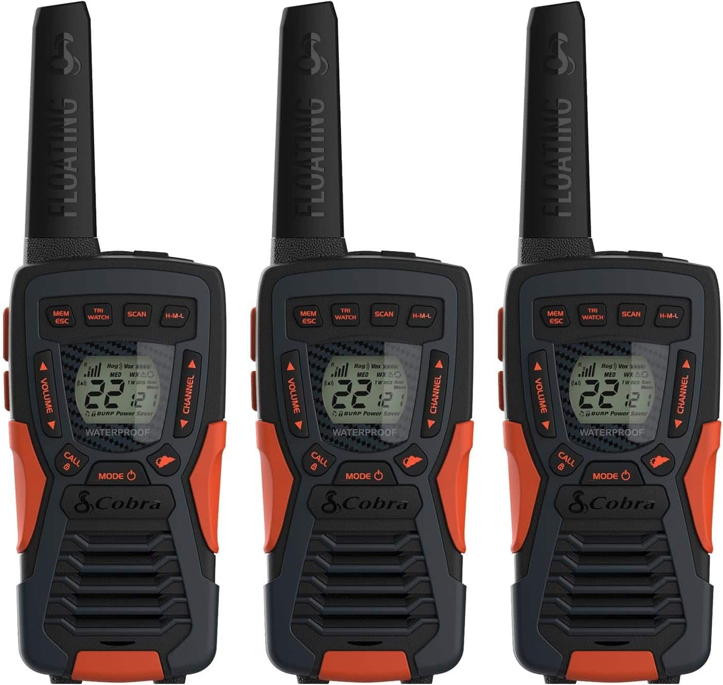Cobra - CXT1095 3PH Emergency Two-Way Radios, Waterproof Walkie Talkies, 40 Mile Range, 22 Channels and NOAA, UHF/FM (3-Pack) - Black/Orange