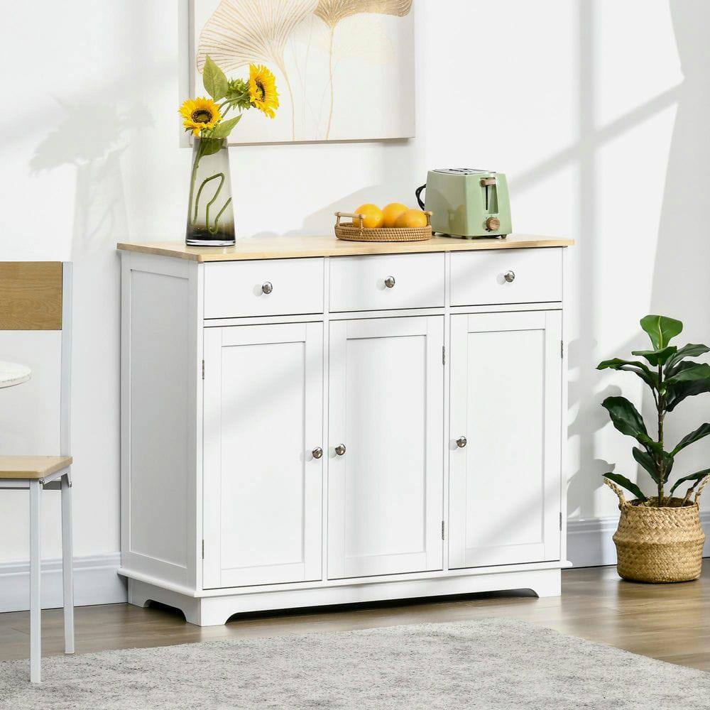 Front. Kadyn - Modern Sideboard Buffet with Rubberwood Top, Cabinets, and Drawers, White - White.