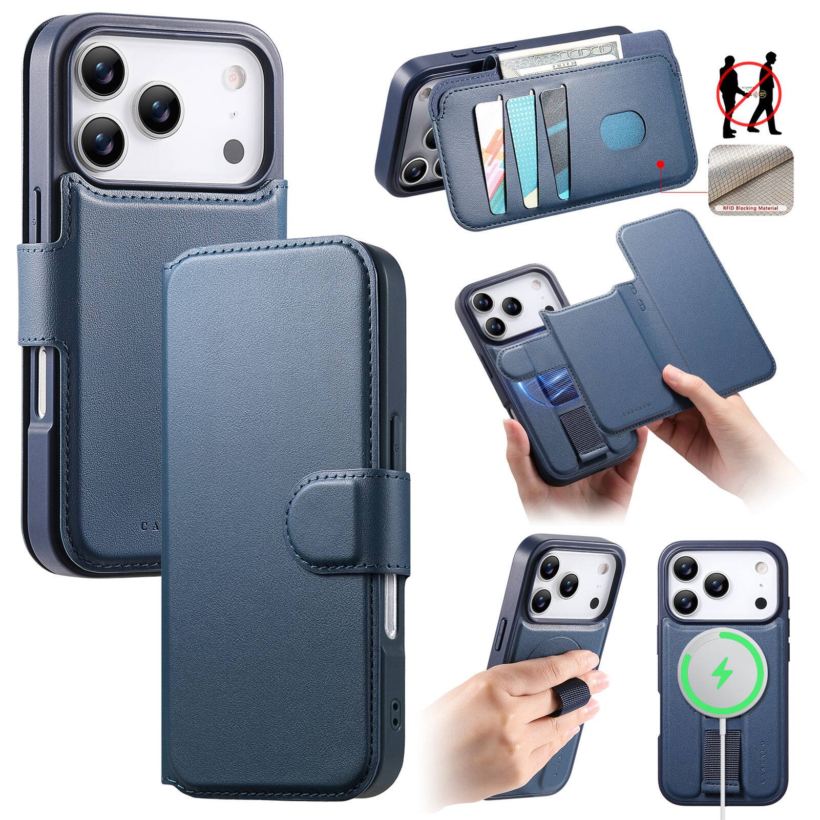 Dteck - for Apple iPhone 17 Pro Max 2-in-1 Magnetic Wallet Case,RFID Blocking PU Leather Flip Cover Card Holder Shockproof Case - Blue