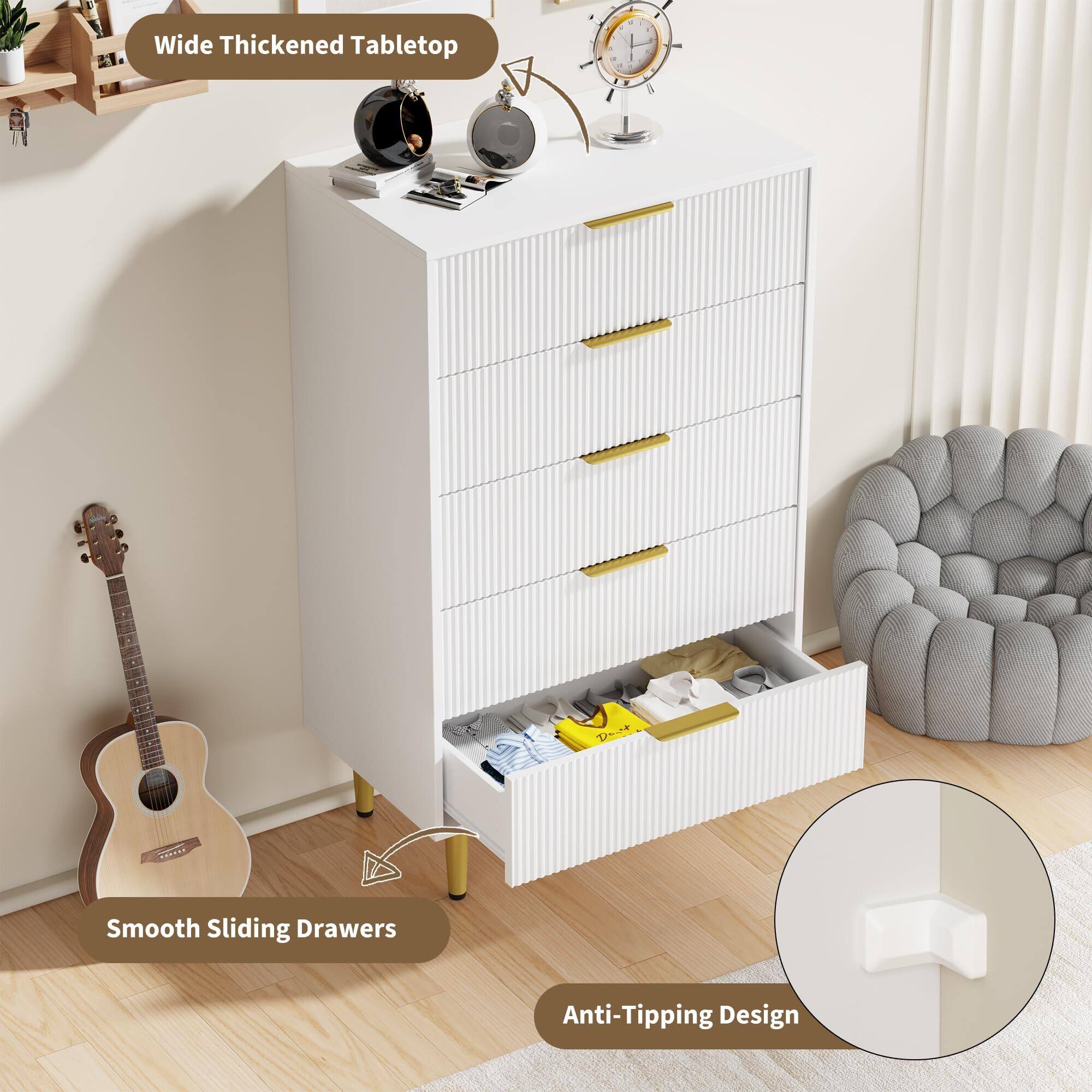 Alt View 4. Acekool - Fluted Dresser for Bedroom with 5 Drawers, Wooden Chest of Drawers with Metal Handle & Feet - White.