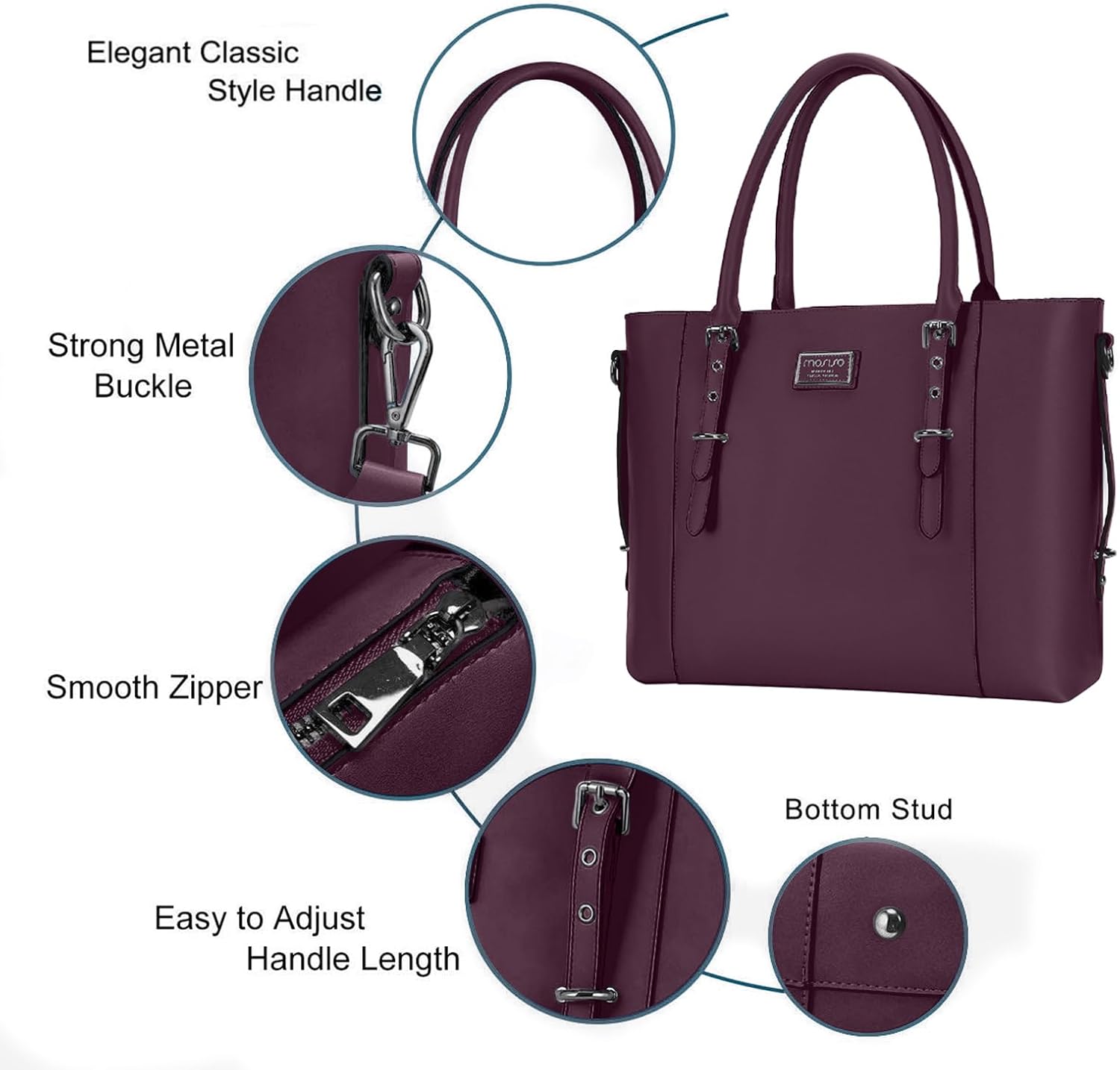 Elegant Classic Style Handle  
Strong Metal Buckle  
Smooth Zipper  
Bottom Stud  
Easy to Adjust Handle Length