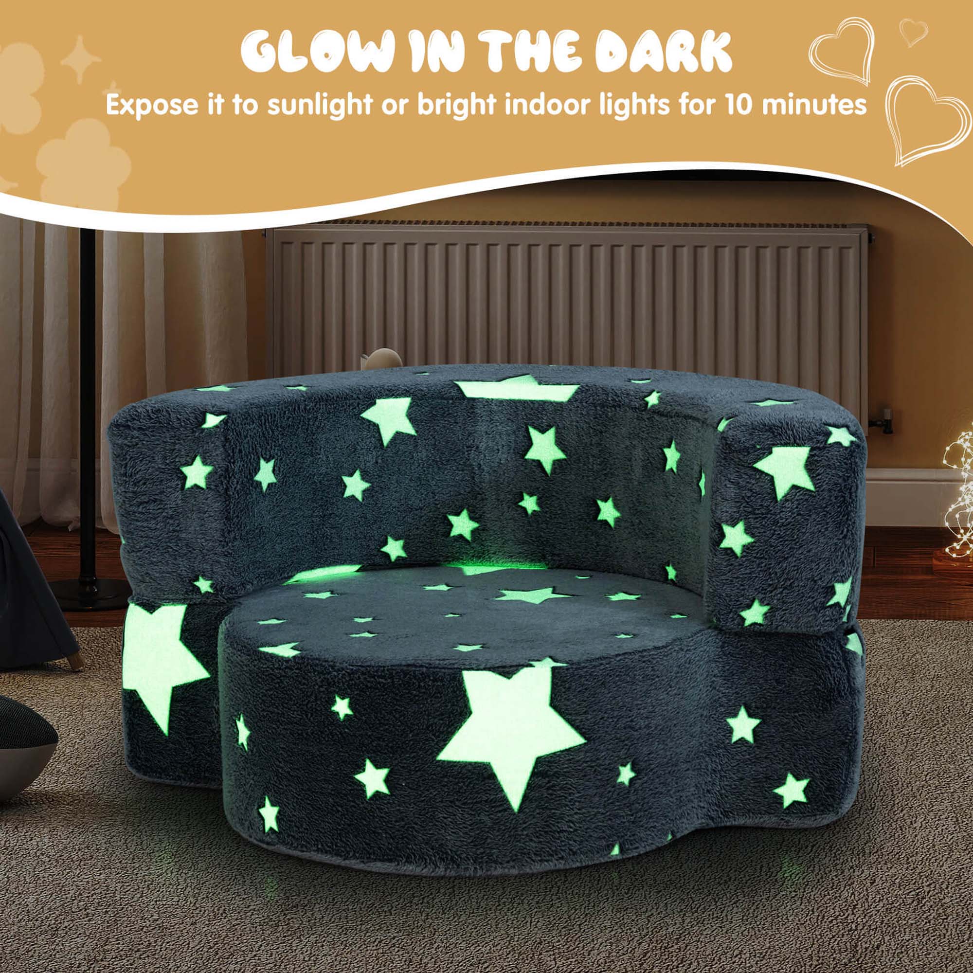 GLOW IN THE DARK  
Expose it to sunlight or bright indoor lights for 10 minutes