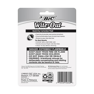**BIC Wite-Out Quick Dry Correction Fluid**

- Foam brush provides noat, precise corrections
- Covers photocopies, faxes, ink, and most markers
- Stripes on easy then dries fast

**For Best Results:**
- SHAKE WELL BEFORE USE
- Stroke across paper, do not dab
- Allow to dry before writing

**DANGER: EXTREMELY FLAMMABLE**
- KEEP AWAY FROM FIRE OR FLAME
- KEEP AWAY FROM CHILDREN
- DO NOT SWALLOW OR INHALE
- WARNING: Intentional misuse by deliberately concentrating and inhaling contents can be harmful or fatal.

**Service MMXX BIC USA Inc. Shelton, CT 06484**

**Made in Malaysia**

**Barcode: 0 70330 90602 2**

**Word of the Month: 457%20**