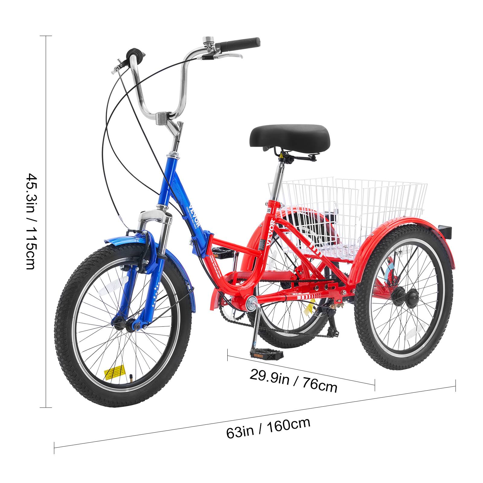 45.3in / 115cm, 29.9in / 76cm, 63in / 160cm