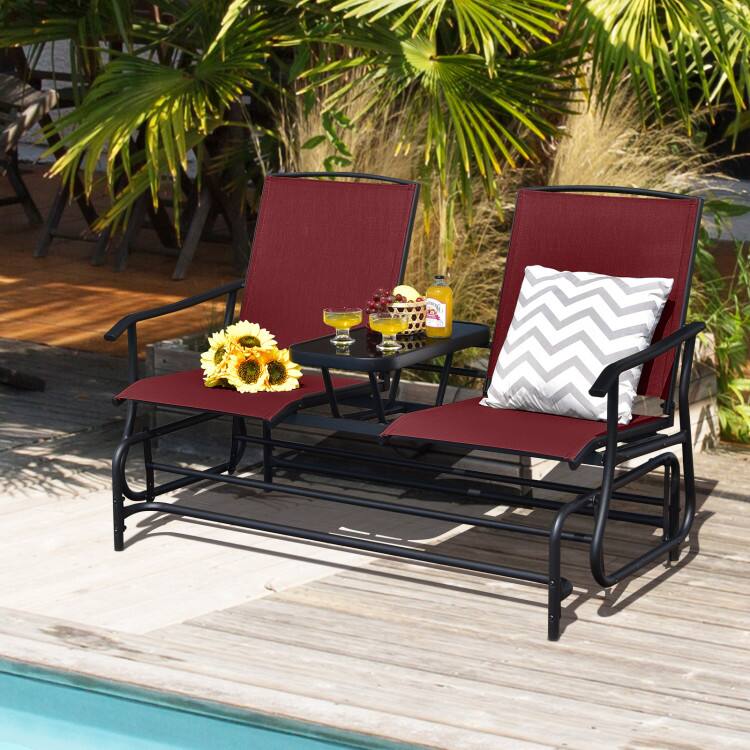 Angle. Mondawe - 2-Person Rocking Loveseat w/ Center Tempered Glass Table, Double Outdoor Glider Bench with Mesh Fabric - Red.
