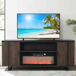 Parrot Uncle - 72" Farmhouse TV Stand with Electric Fireplace, Open Storage Shelves and Cabinets for TV up to 80" - Brown