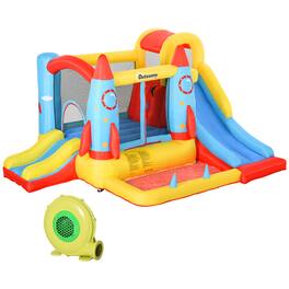 Outsunny - Kids Bounce House, Rocket Inflatable Water Slide, Jumping Castle, 2 Slides, Climbing Wall, Trampoline, Water Pool Area