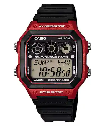 ILLUMINATOR
CASIO WR100M
LIGHT
ADJUST
COUNTDOWN TIMER
SUNA 6-30
MODE P
10:58:50
START
ALARM
CHRONOGRAPH
10 YEAR BATTERY