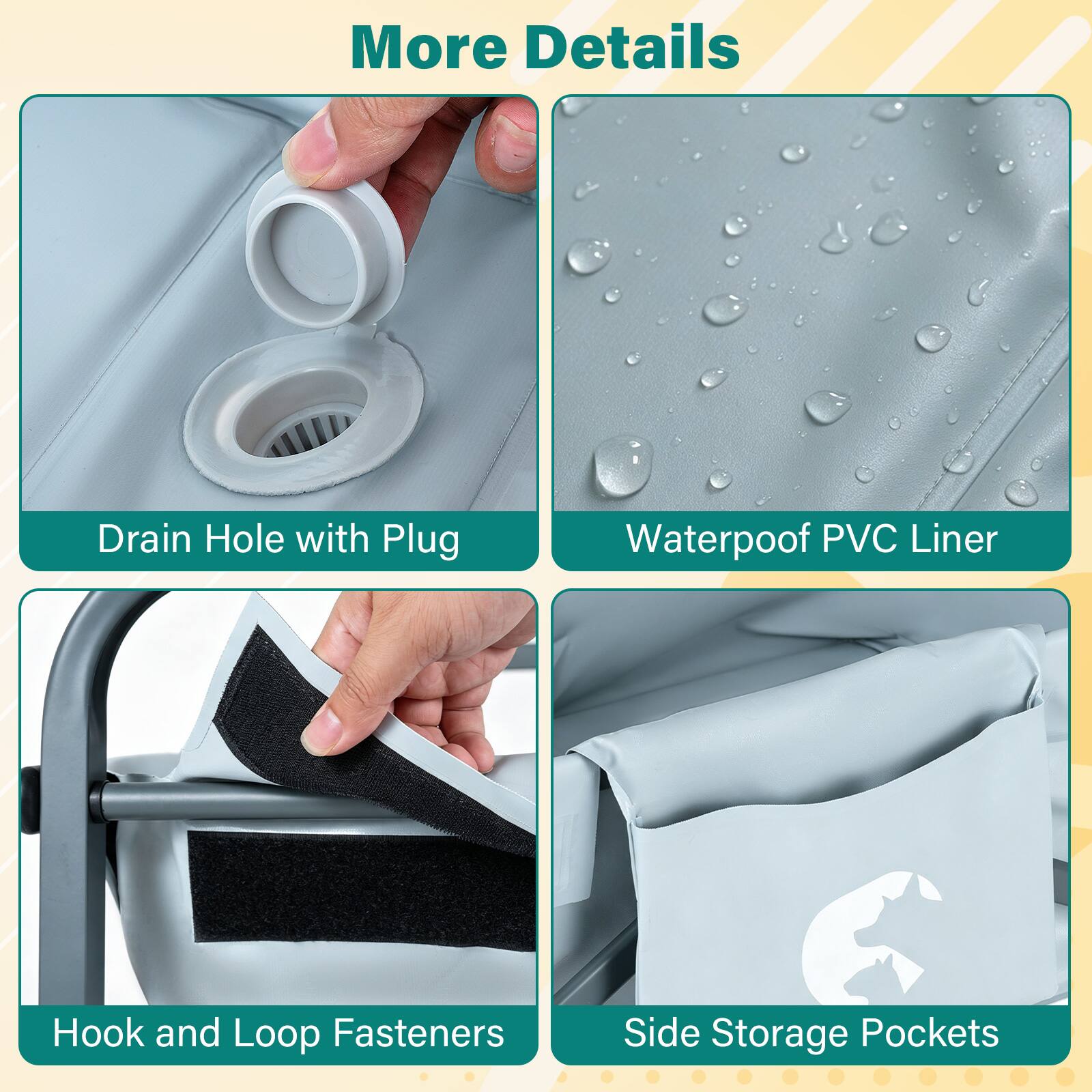 More Details

- Drain Hole with Plug
- Waterproof PVC Liner
- Hook and Loop Fasteners
- Side Storage Pockets