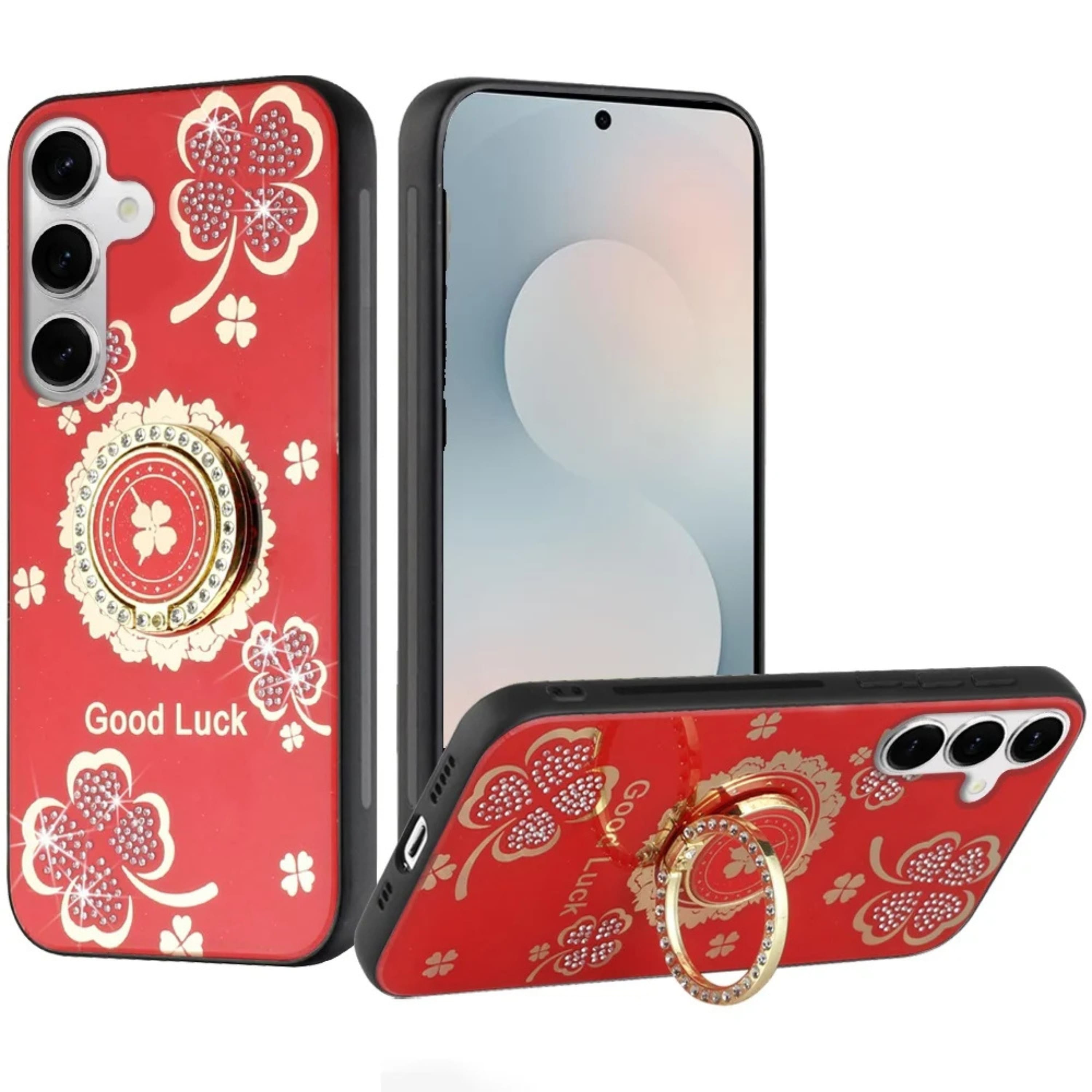 Kitcheniva - Sparkling Rhinestone Decorative Phone Case With Tempered Glass For Samsung S25 FE Floral - Red
