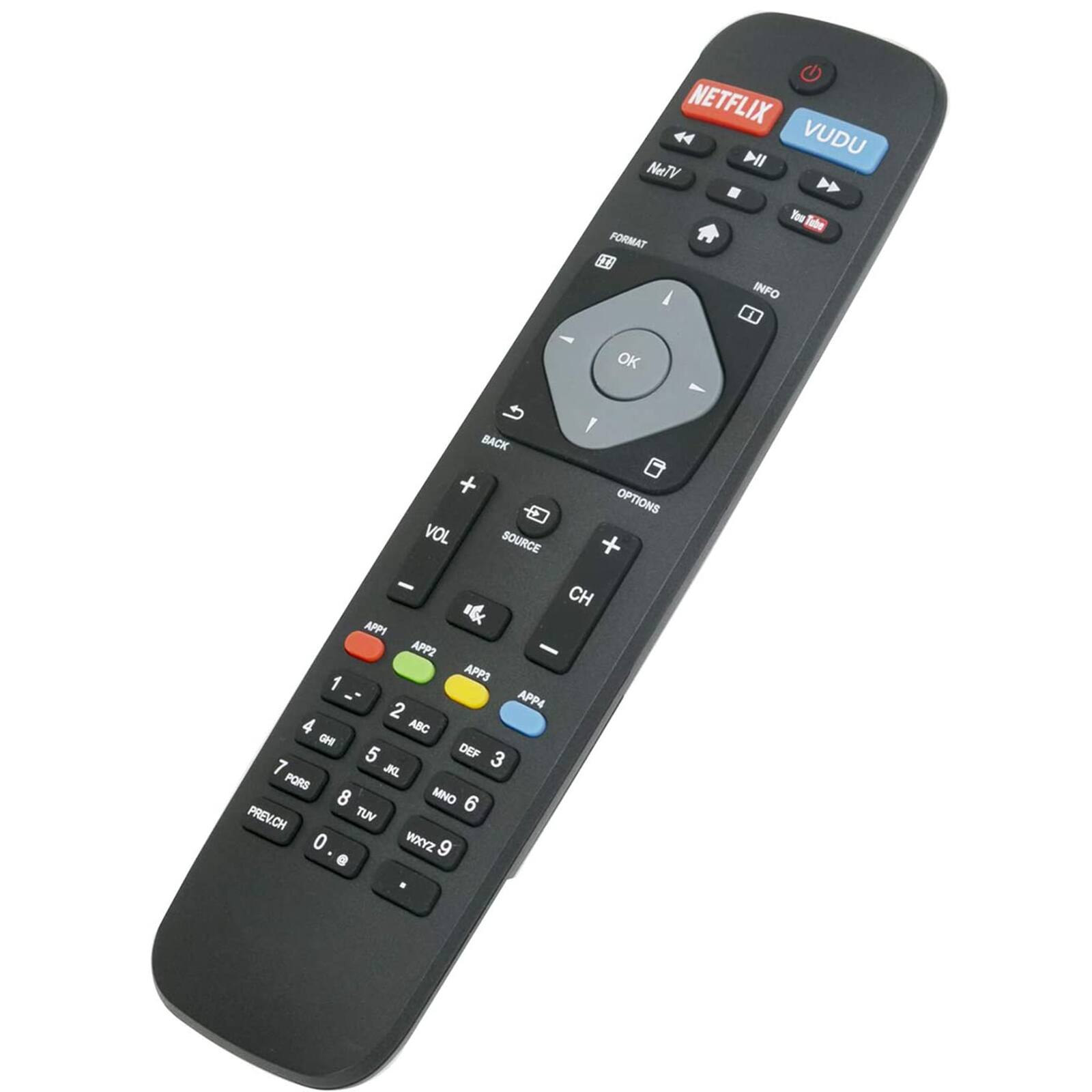 NETFLIX VUDU  
NeTV YouTube FORMAT INFO OK BACK VOL SOURCE OPTIONS CH  
APP1 APP2 APP3 APP4  
1 2 3 4 5 6 7 8 9 0  
ABC DEF GHI JKL MNO PQRS TUV WXYZ  
PREVCH