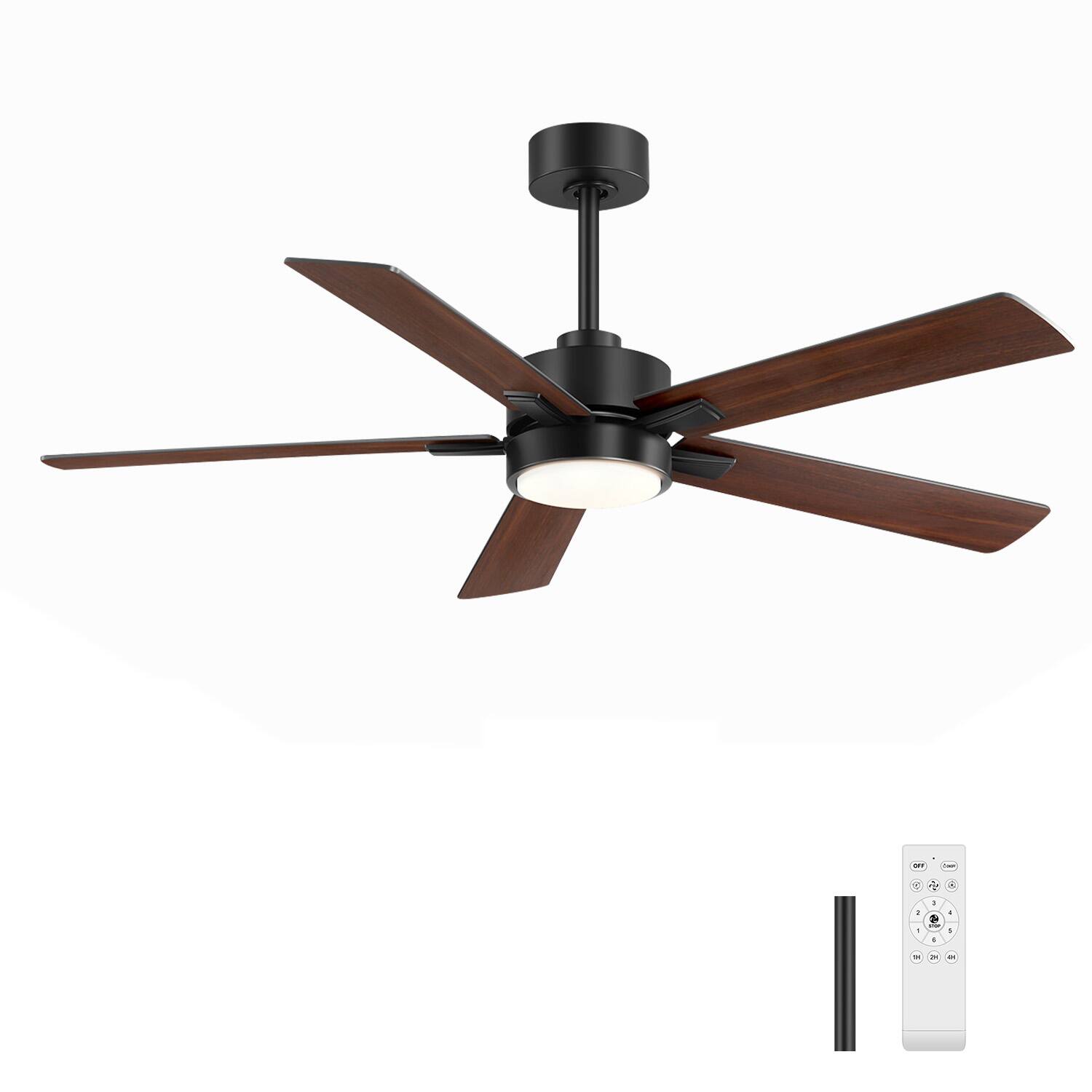 Angle. Breezary - 52" Modern Indoor Ceiling Fan with LED Light, 5 Reversible Plywood Blades, 6-Speed DC Motor, Remote, Timer, 5" Downrod - Matte Black and Two-tone Wood Grain.