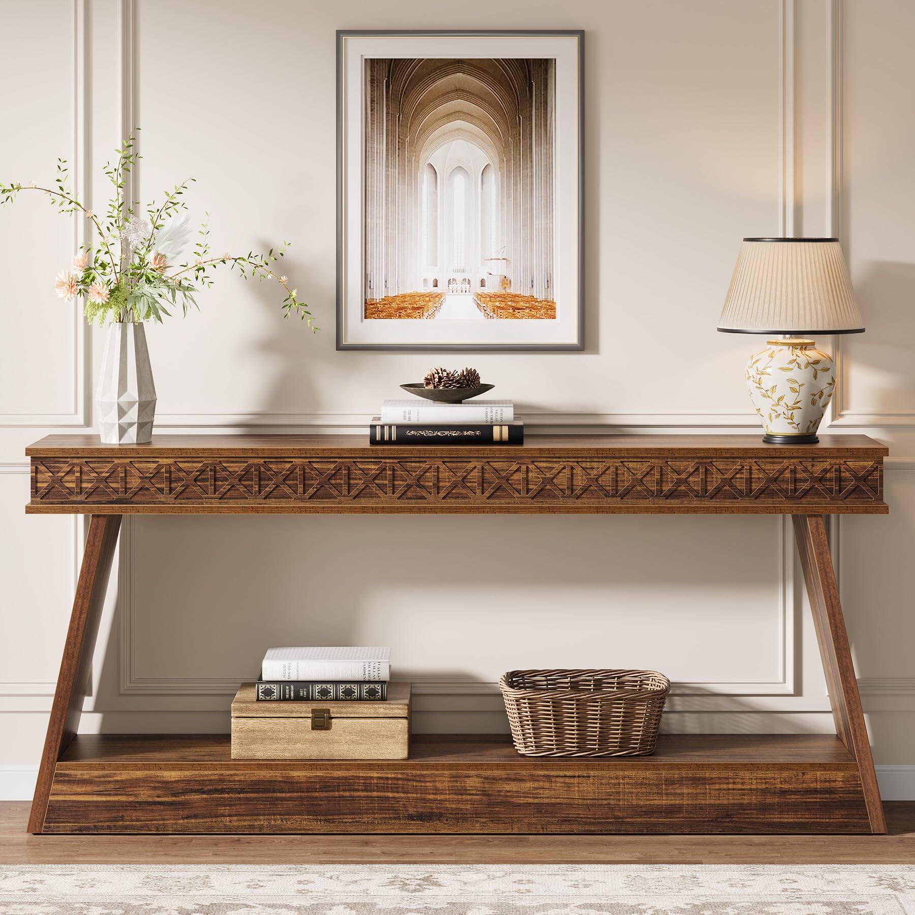 Left. Tribesigns - 70.9-Inch Farmhouse TV Stand with 2 Open Storage Shelves and Curved Frame for TVs up to 80 Inches - Dark Brown.