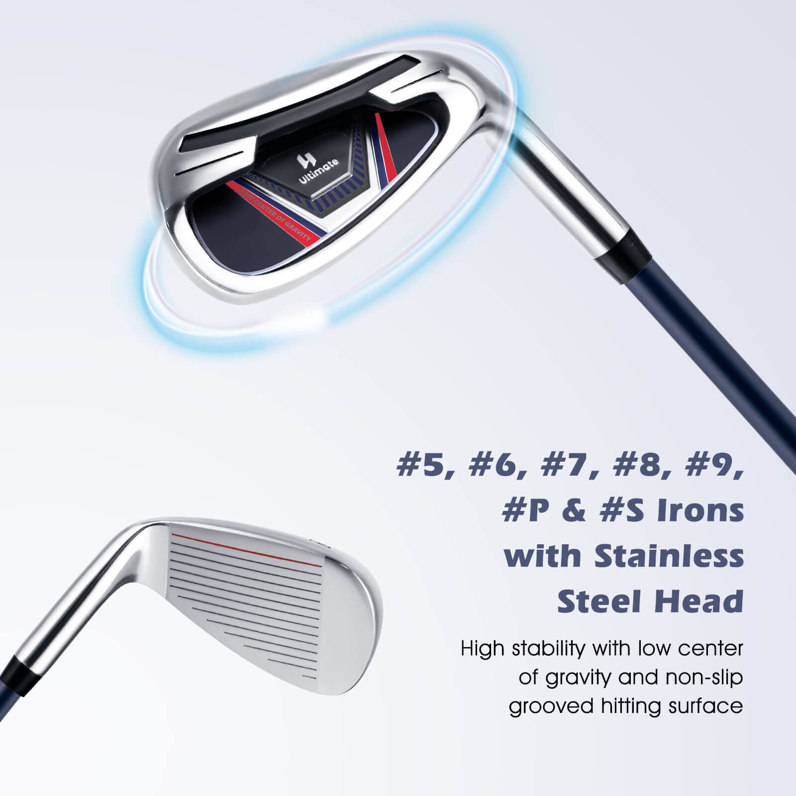 Ultimate LOW CENTER OF GRAVITY

#5, #6, #7, #8, #9, #P & #S Irons with Stainless Steel Head

High stability with low center of gravity and non-slip grooved hitting surface