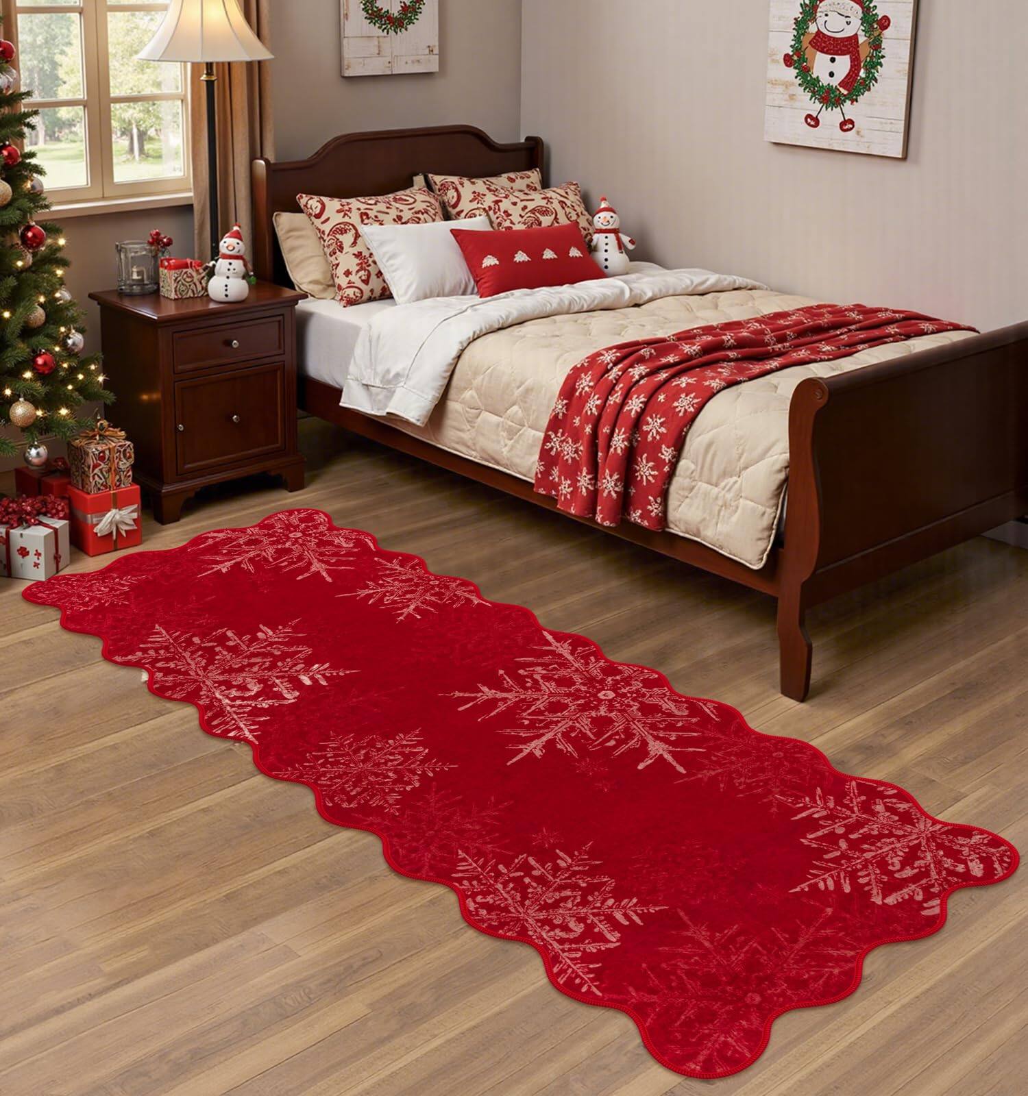 Alt View 3. Fabibe - 2X6 RED Indoor SNOWFLAKE CHRISTMAS RUNNER WASHABLE SCALLOPED RUNNER FOR HALLWAY, SOFT NON-SLIP XMAS KITCHEN RUNNER - Red Forest 2.6' x 8'.