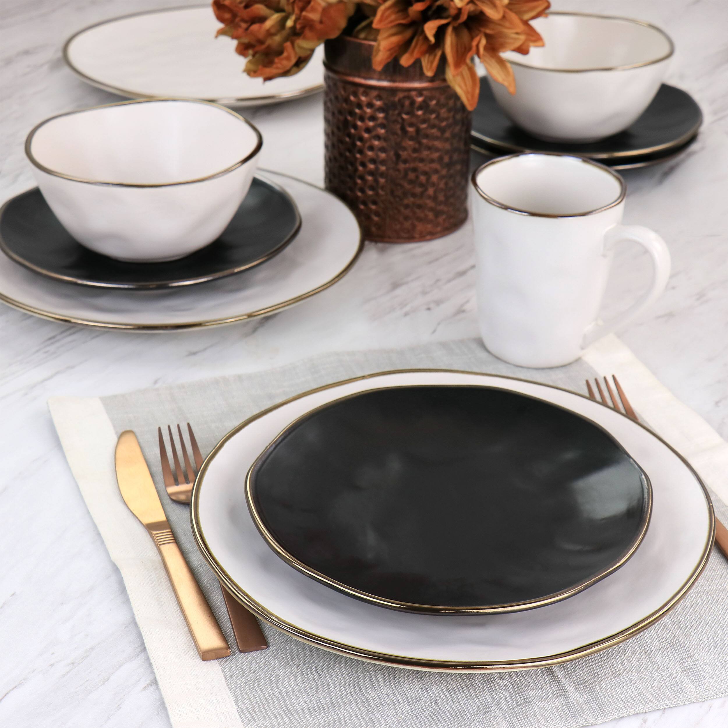 Alt View 9. Elama - Elama Roman 16 Piece Stoneware Dinnerware Set in Assorted Matte with Gold Rim - Assorted with Gold.
